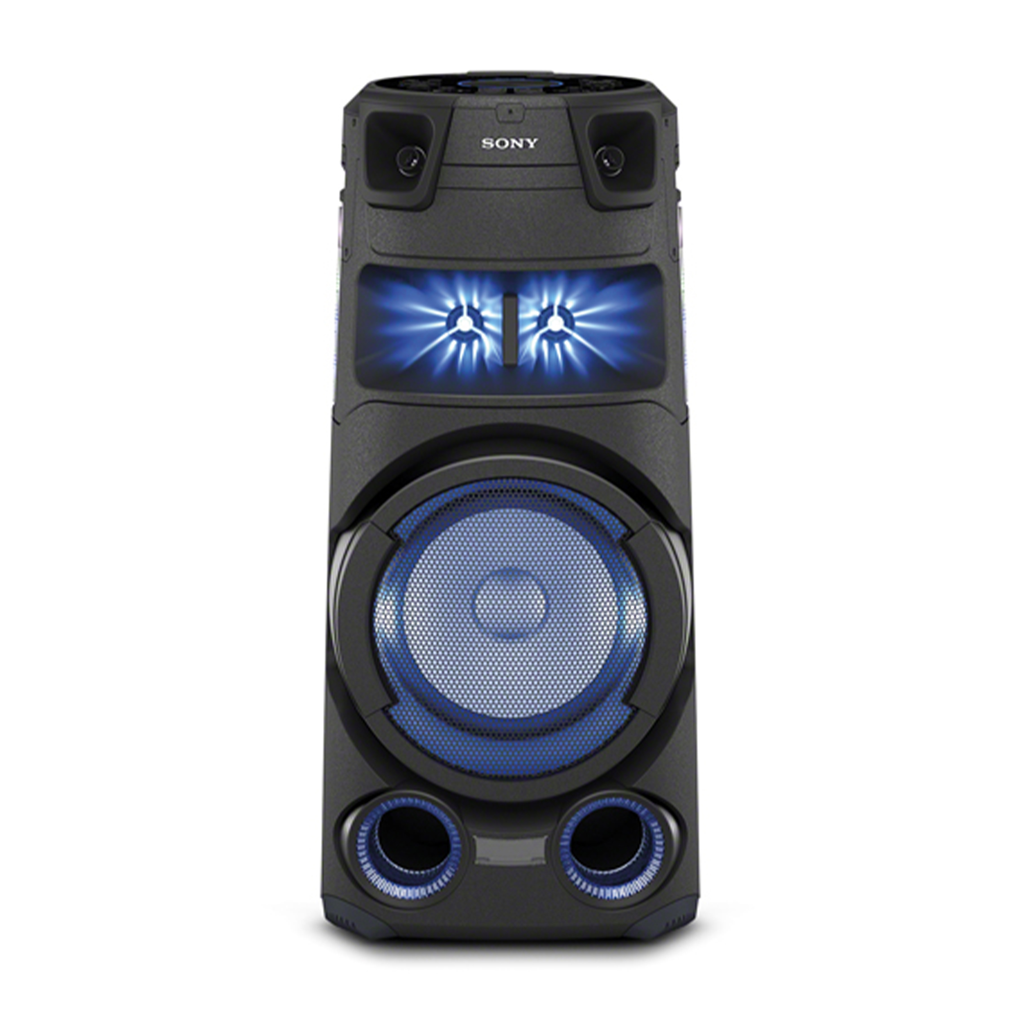 Schwarzer Sony-Lautsprecher mit blauen Lichtern und großen Lautsprechern.