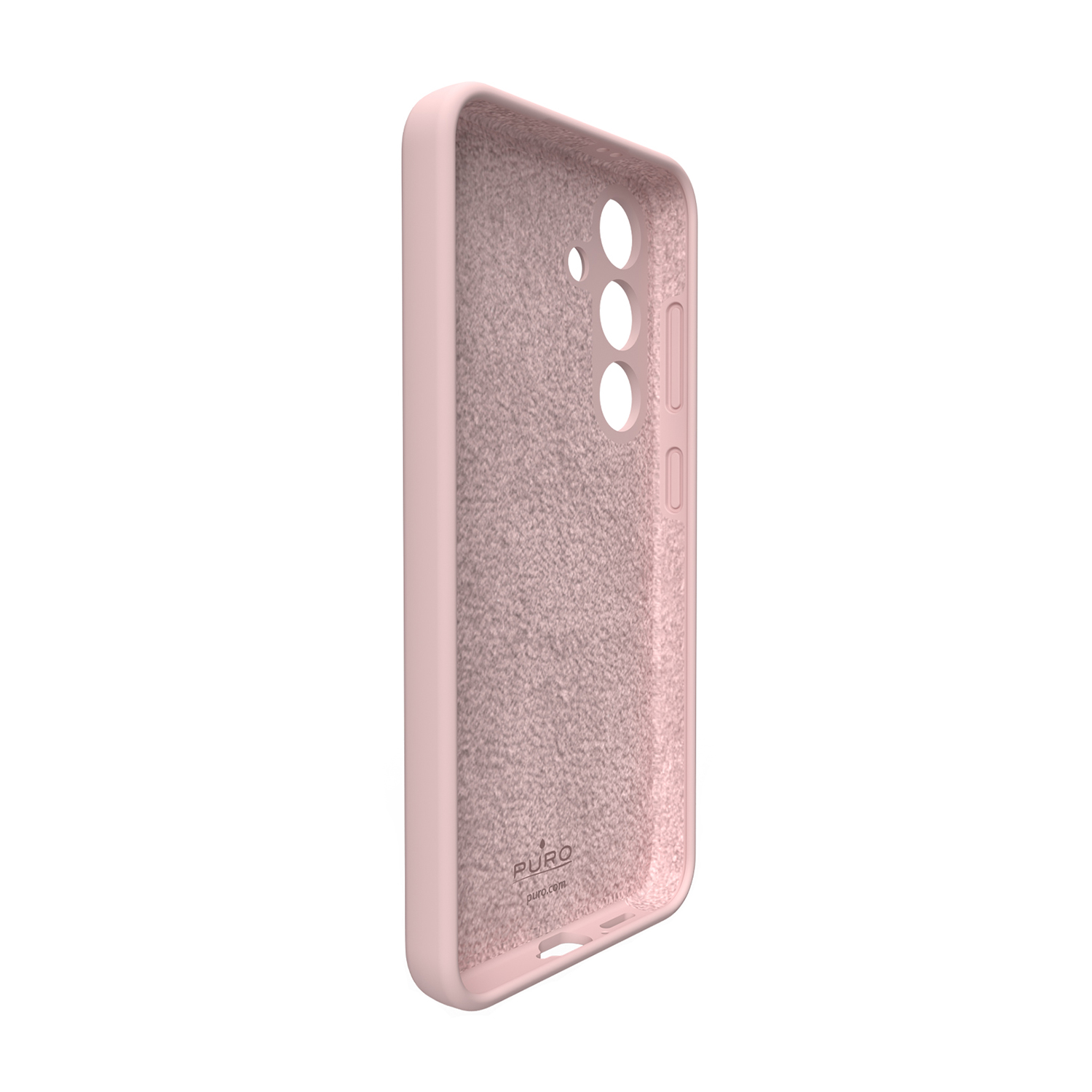 Una custodia rosa per telefono con interno in velluto e ritagli per fotocamera.
