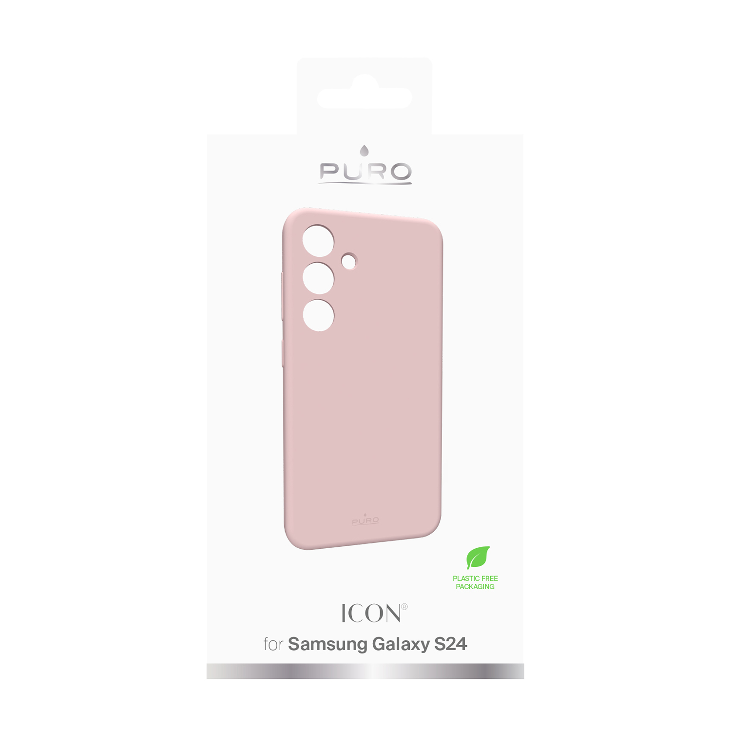 Una cover rosa per Samsung Galaxy S24, presentata in confezione.