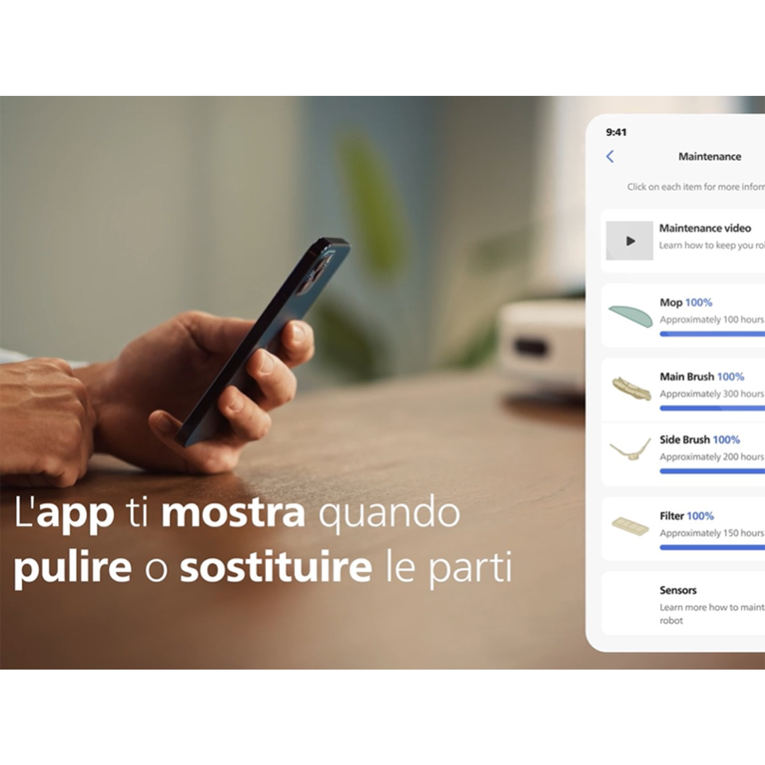 Dłoń trzyma smartfon z aplikacją konserwacji pokazującą stan części.