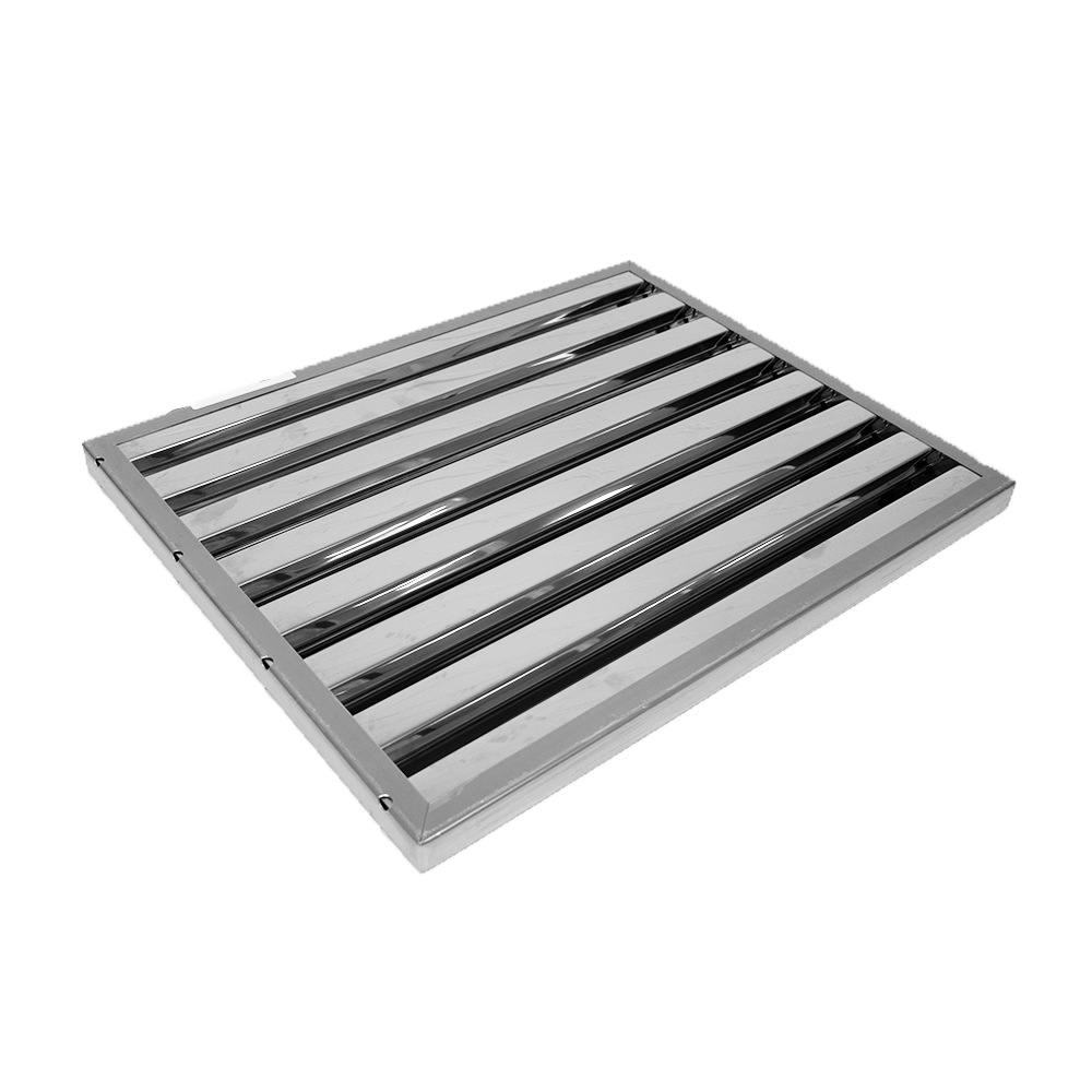 Un filtro metallico rettangolare con lamelle parallele in un telaio.