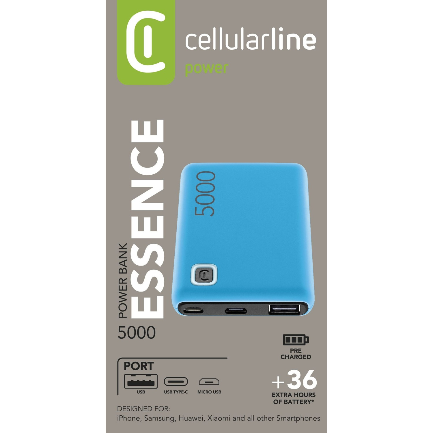 Power bank blu Cellularline da 5000 mAh con porte.