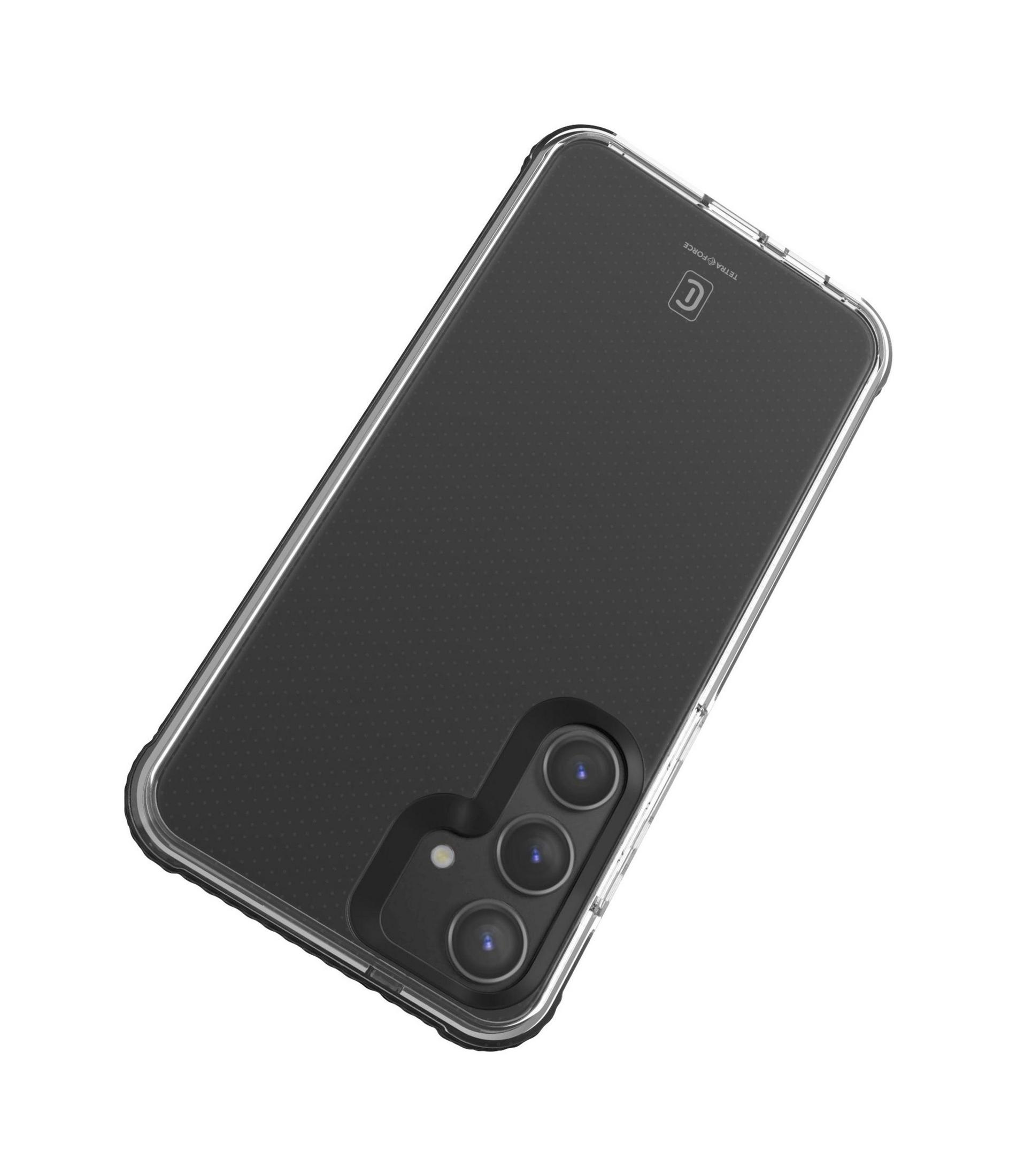 Una funda de teléfono transparente con parte trasera negra y tres cámaras.