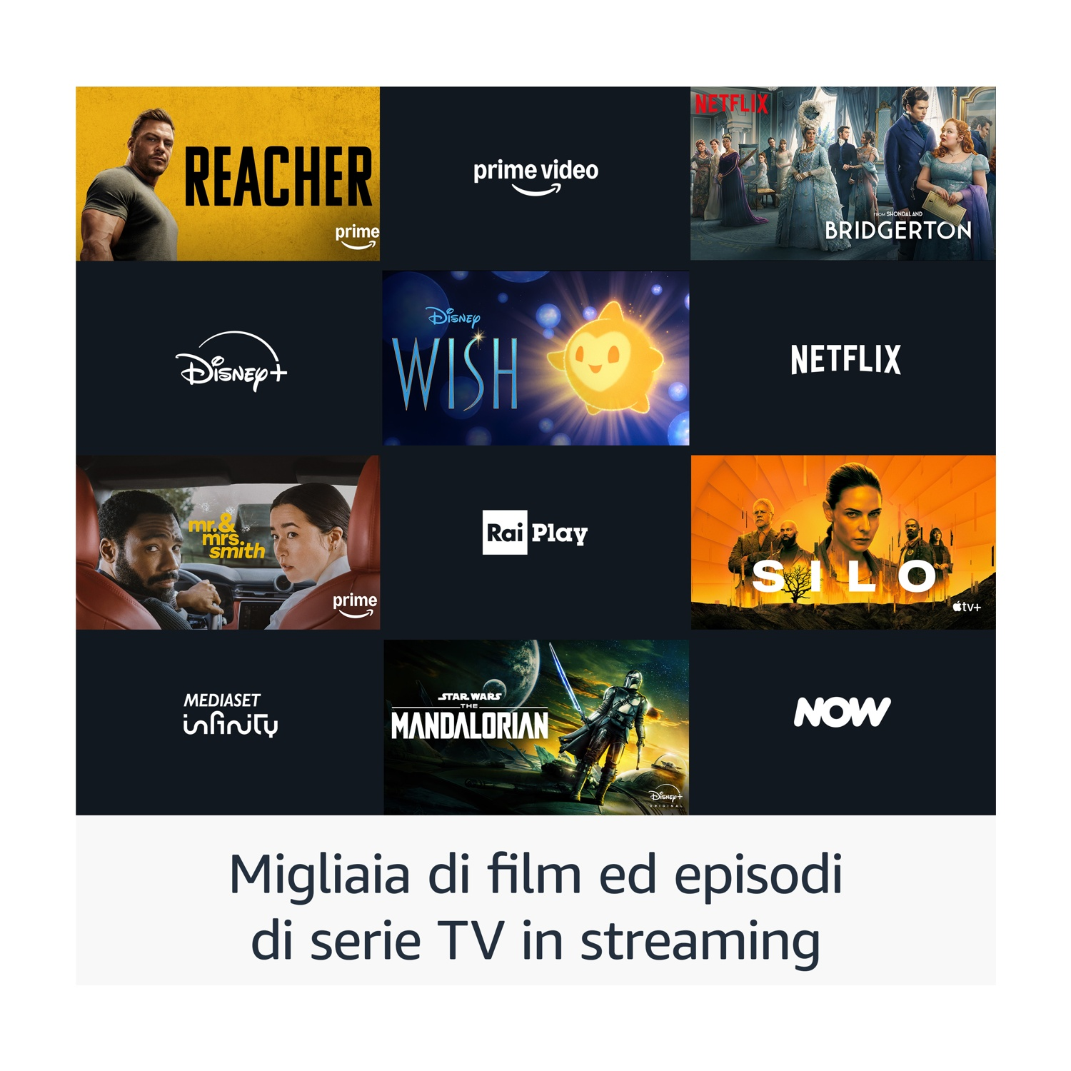 Collage von Streaming-Diensten: Reacher, Prime Video, Bridgerton, Disney+, Wish, Netflix, Mr. & Mrs. Smith, Rai Play, Silo, Mediaset, Mandalorian, Now.
