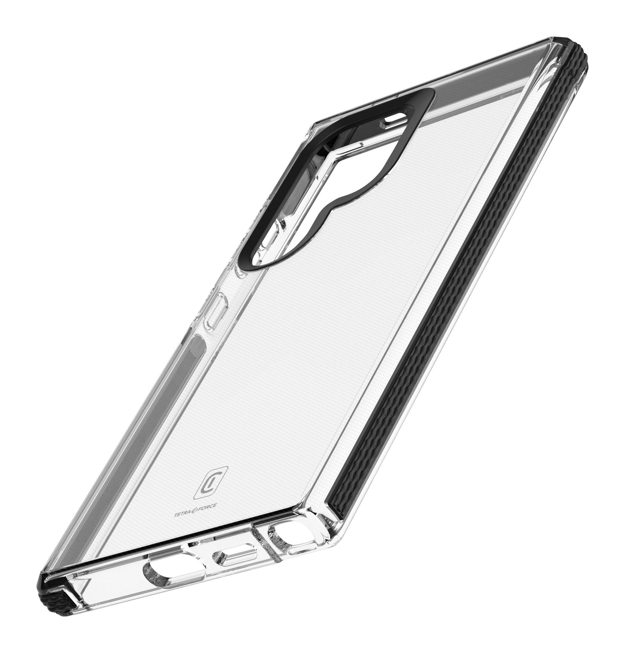Funda transparente para teléfono con borde negro y recorte para cámara.