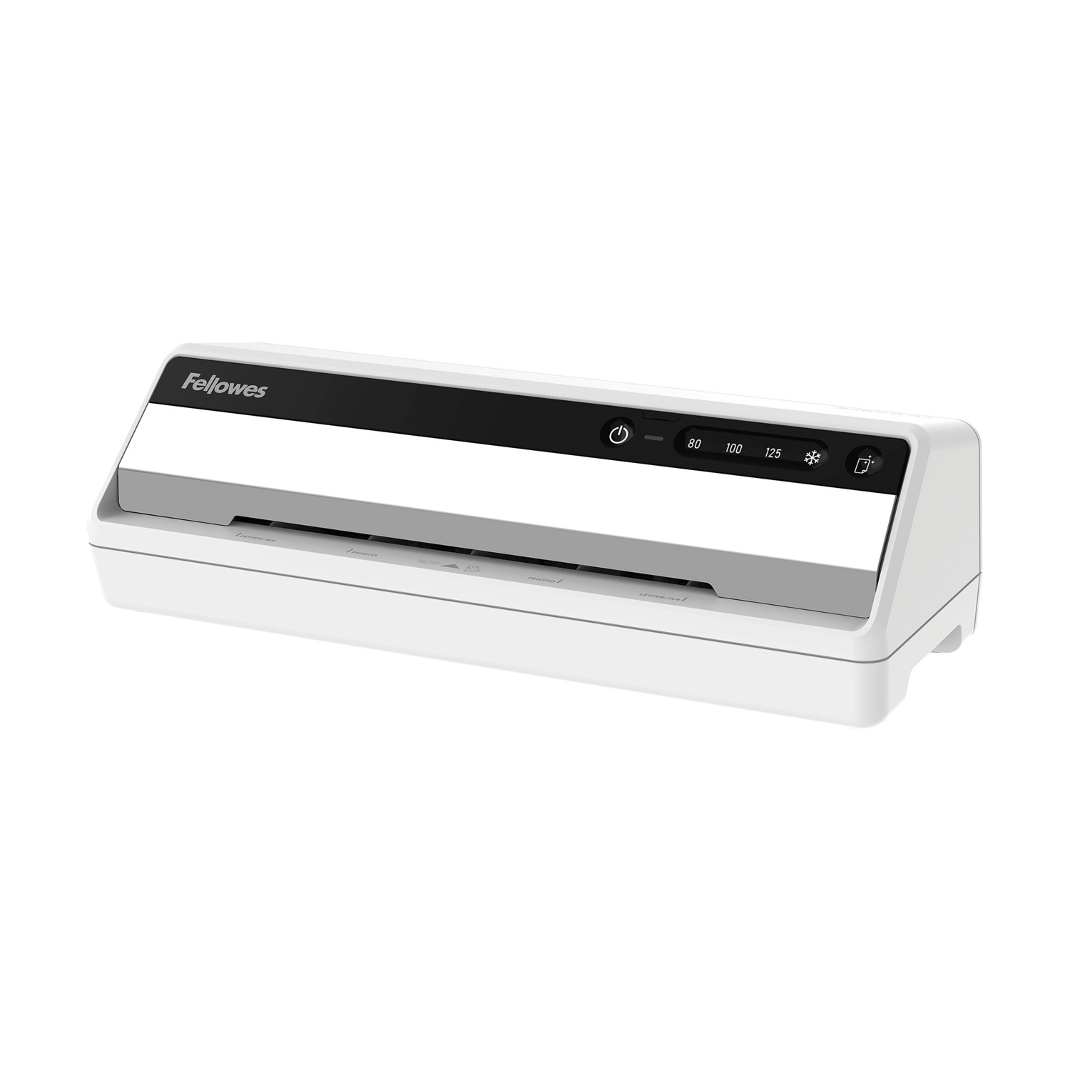 Ein weißer Fellowes-Laminator mit Bedienelementen und Temperatureinstellungen.
