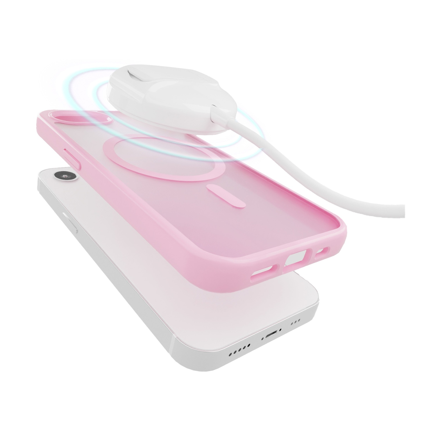 Ein rosa iPhone-Case wird drahtlos von einem weißen Ladegerät aufgeladen.
