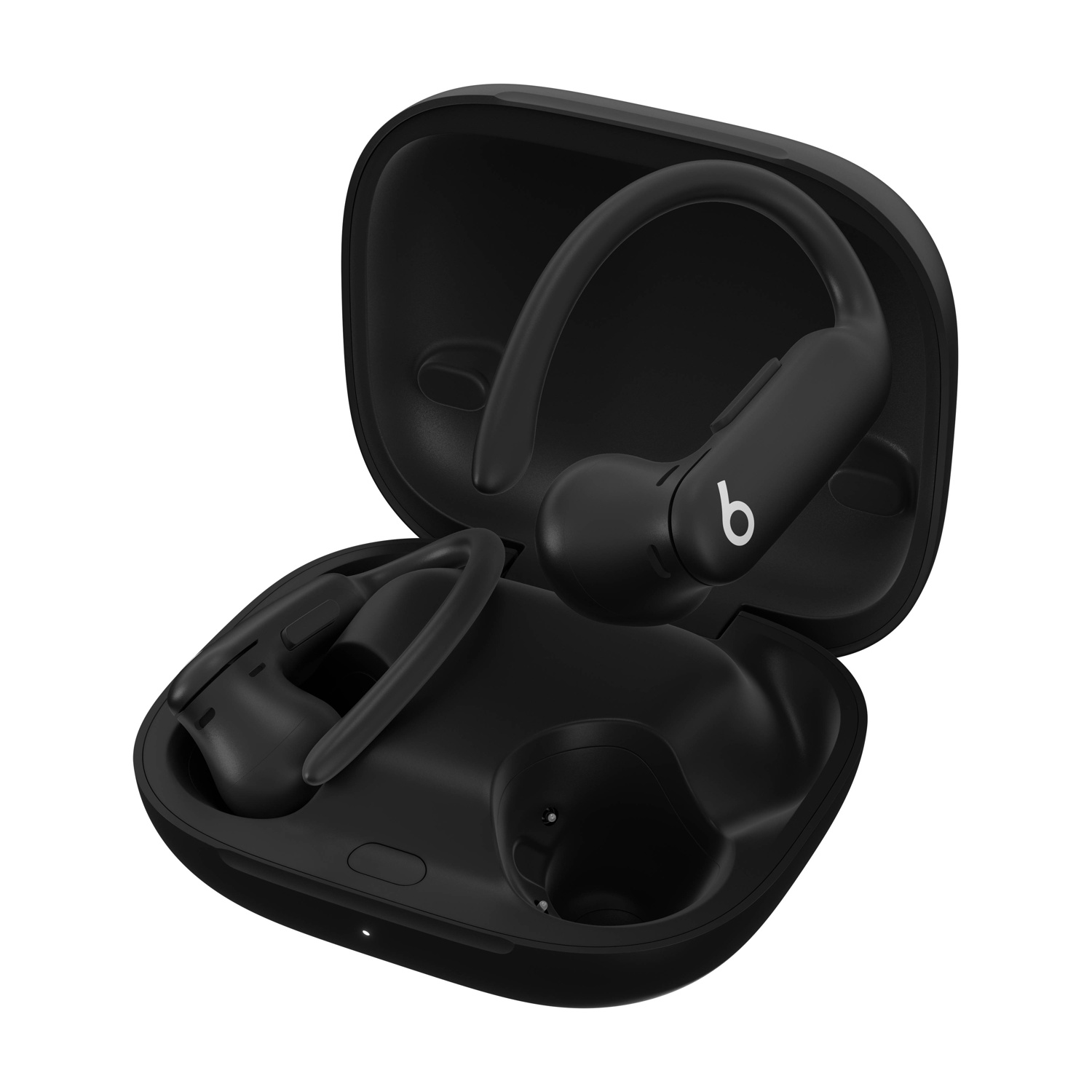 Czarne bezprzewodowe słuchawki Beats z etui ładującym. Jedna słuchawka w etui.