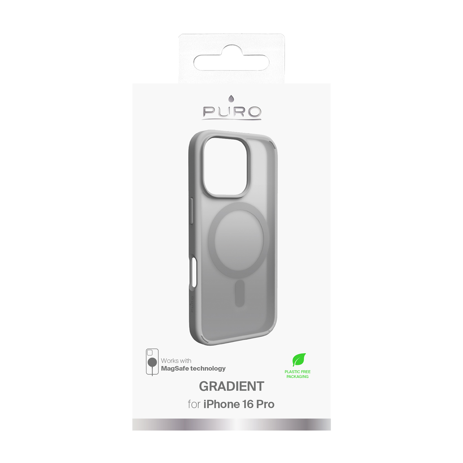 Funda gris para iPhone 16 Pro con MagSafe, logo Puro, 'Gradient'.