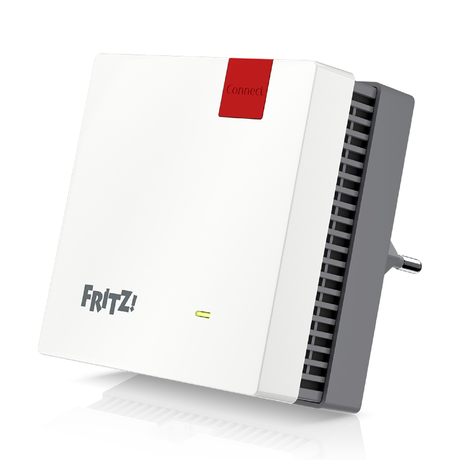 Weißer Fritz! WLAN-Repeater mit rotem „Connect“-Feld und grüner LED.
