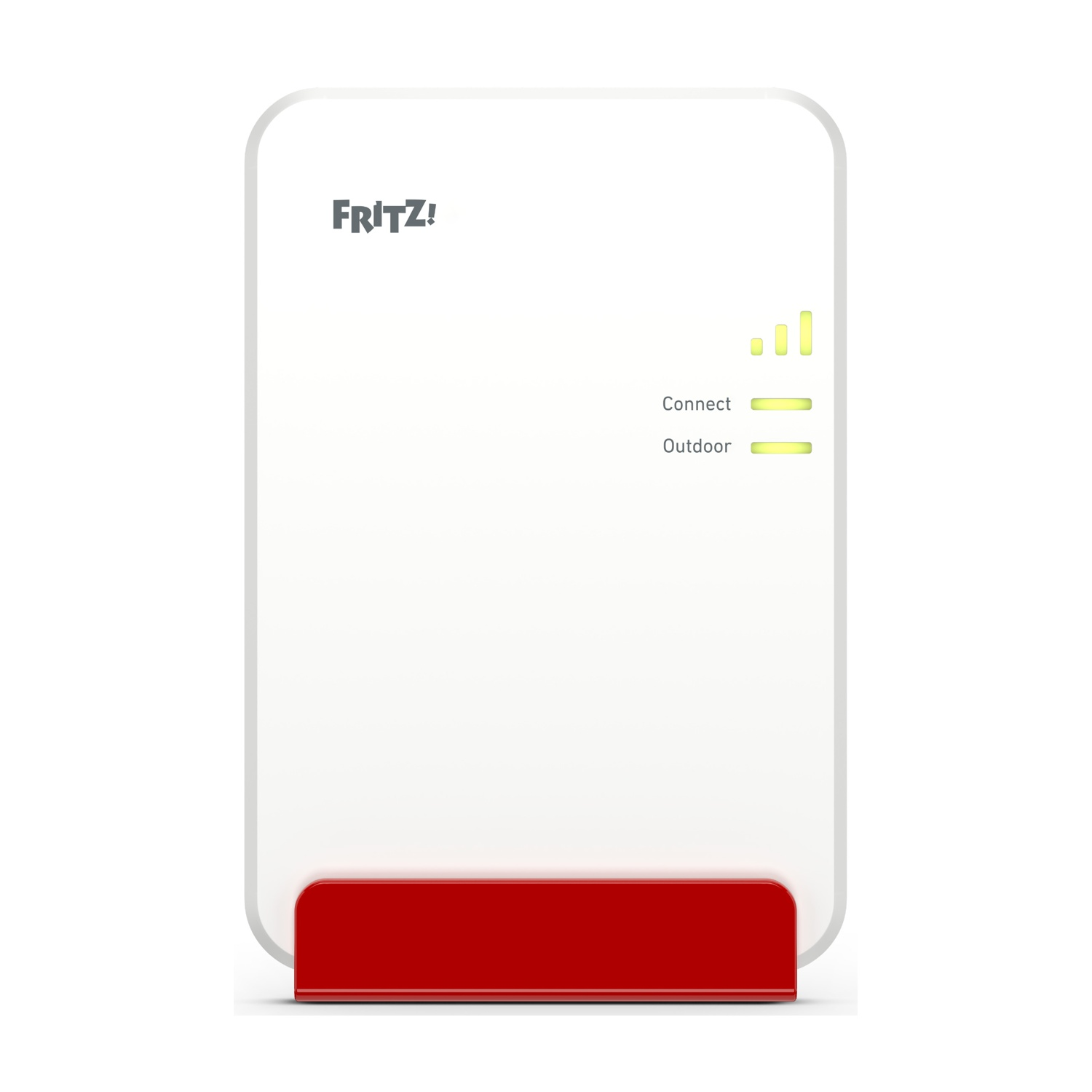 Weißes FRITZ!Repeater-Gerät mit rotem Sockel und grünen LED-Anzeigen.