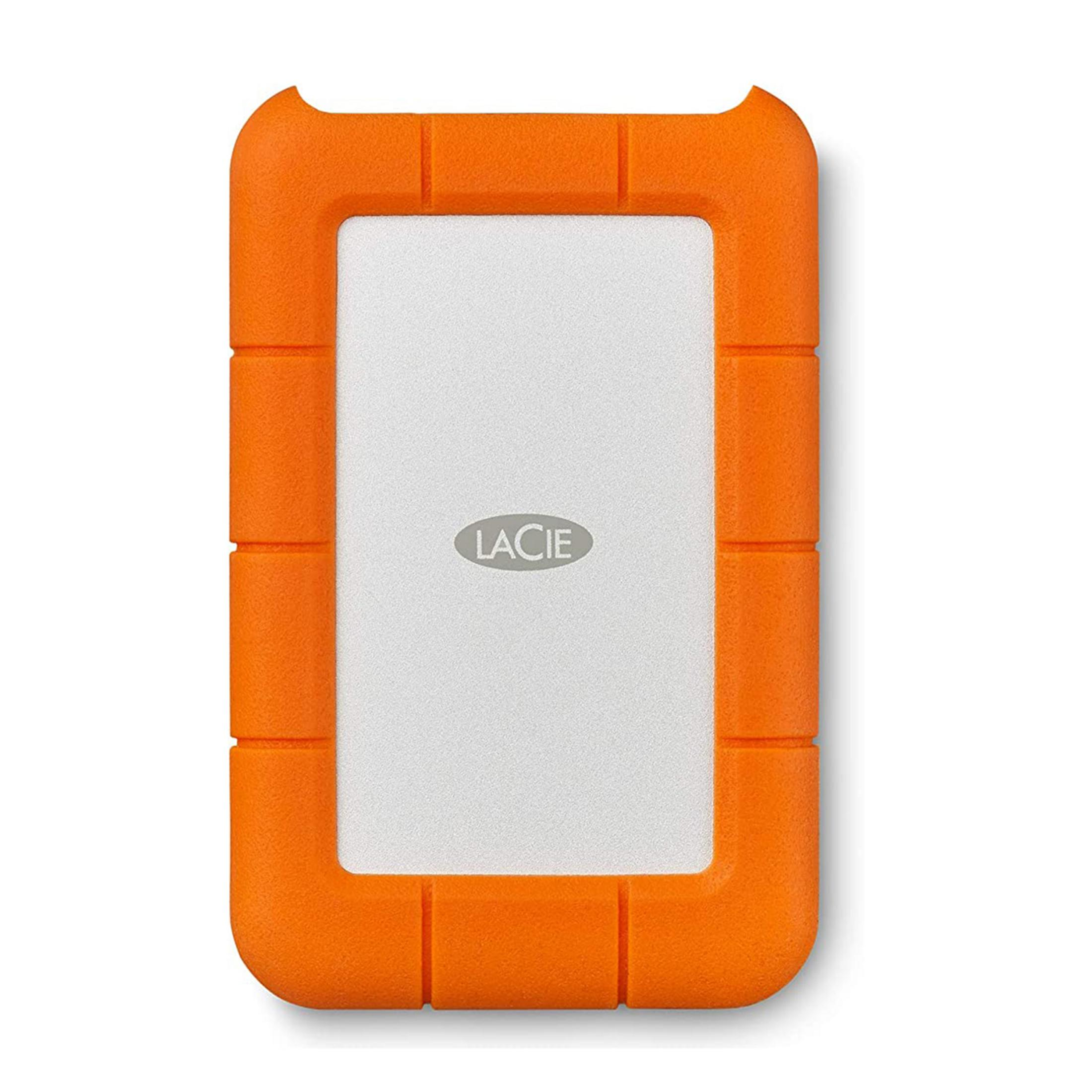 Pomarańczowy, wytrzymały dysk zewnętrzny ze srebrnym środkiem i logo LACIE.