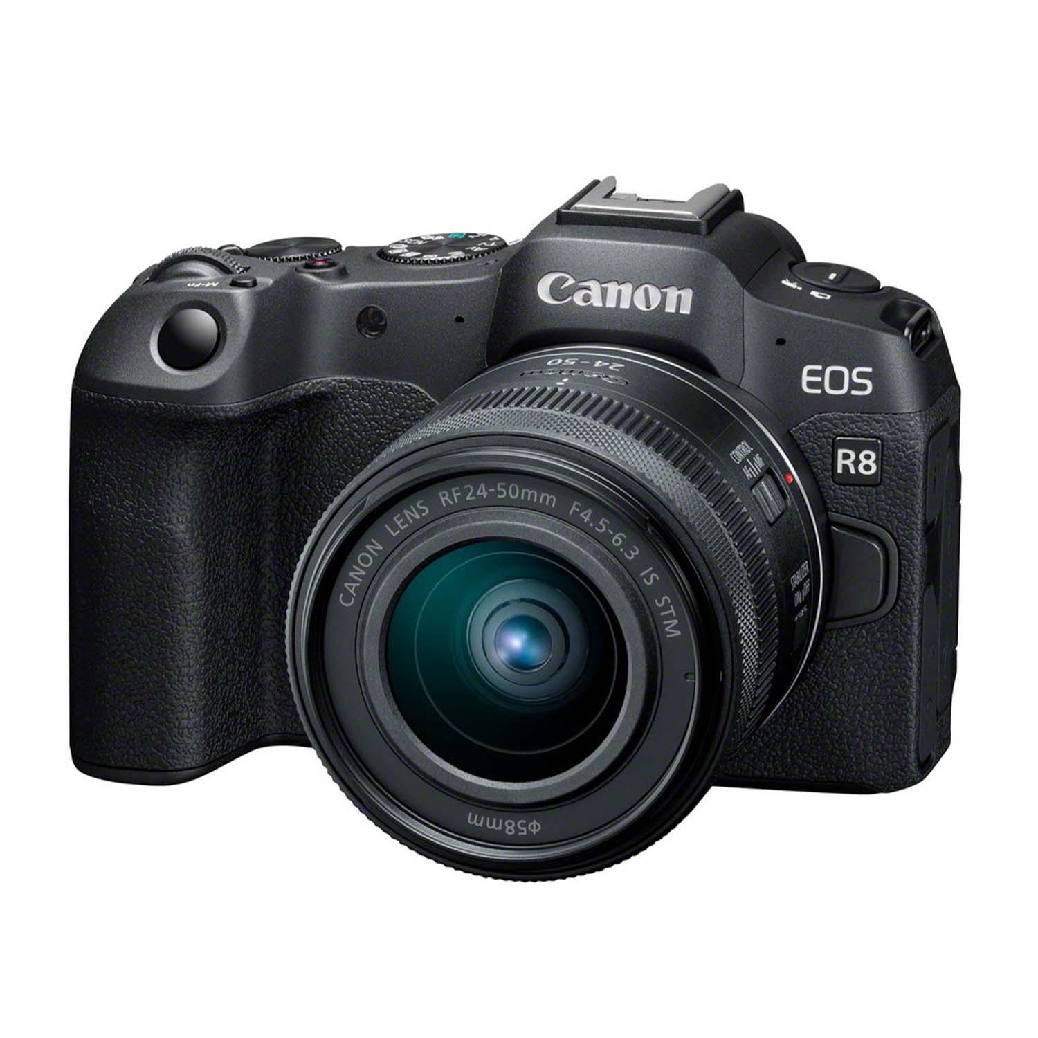 Cámara Canon EOS R8 negra con lente RF 24-50mm en estudio.