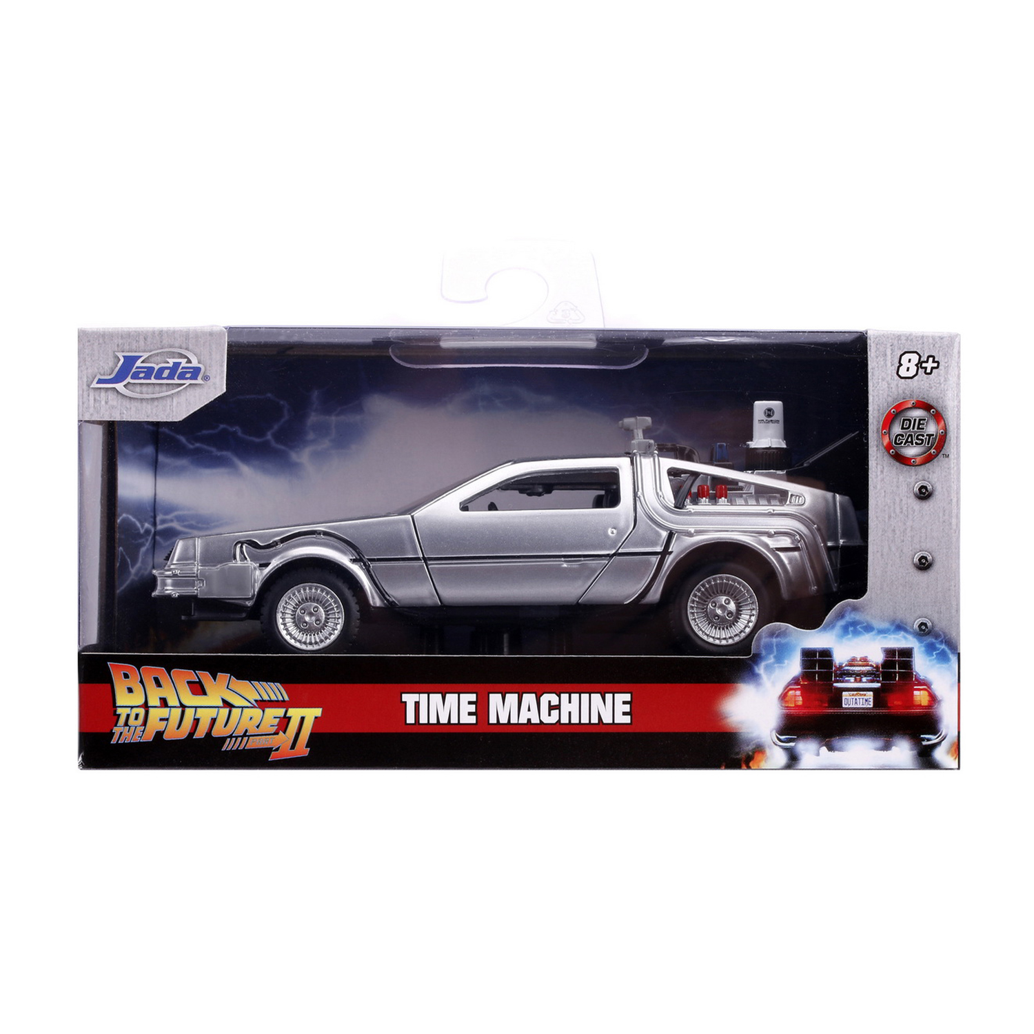 Macchina giocattolo DeLorean argentata in confezione, a tema "Ritorno al Futuro II".