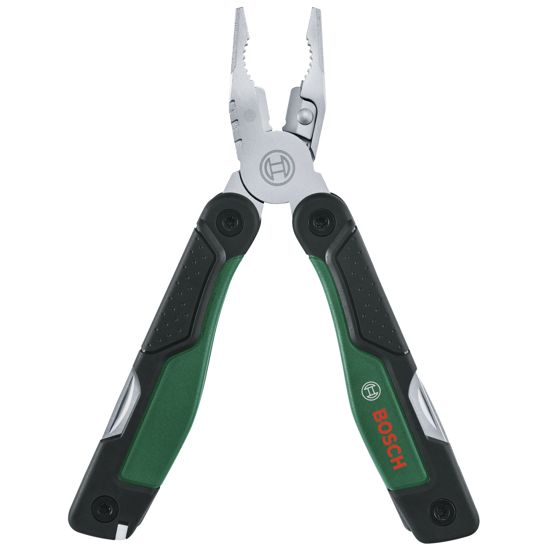Yeşil ve siyah saplı, açık penseli çok amaçlı alet, Bosch logosu bulunur.