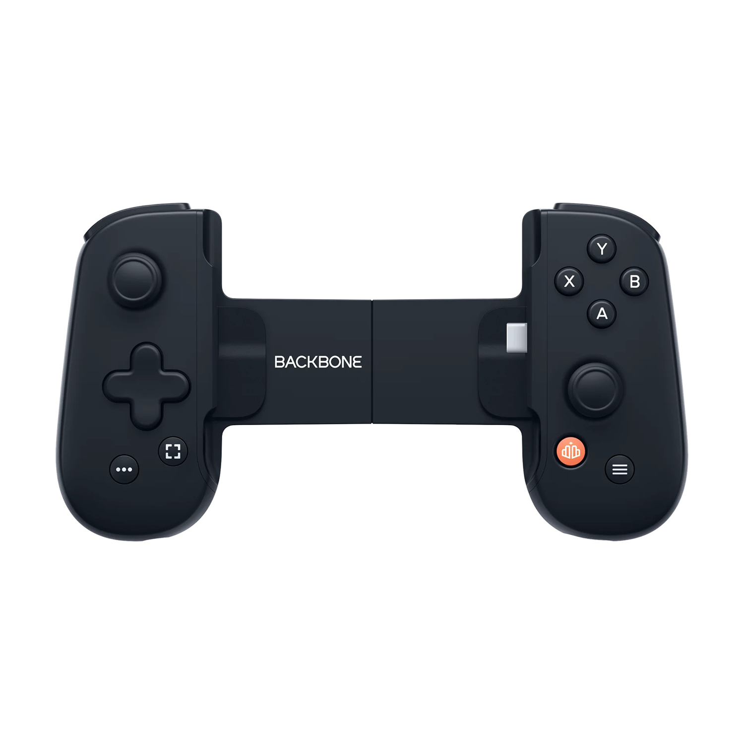 Controller nero per giochi su mobile con marchio, pulsanti e joystick.