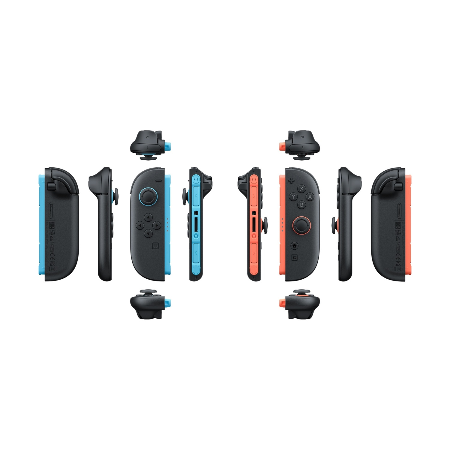 Dwie pary kontrolerów Nintendo Switch Joy-Con, niebieskie i koralowe, z akcesoriami.