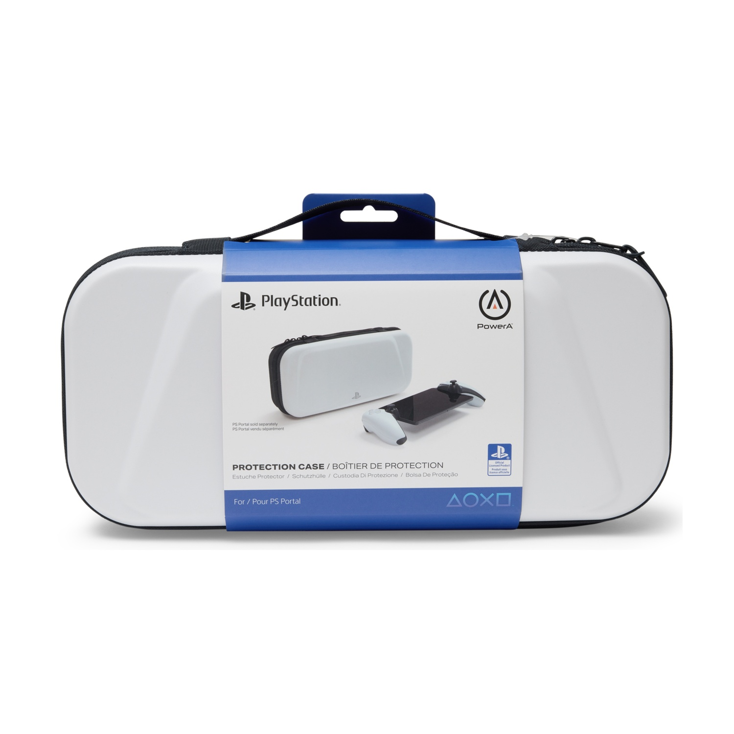 Weiße PlayStation-Schutztasche mit schwarzem Reißverschluss und Tragegriff. Zeigt ein Bild des PS-Portals.