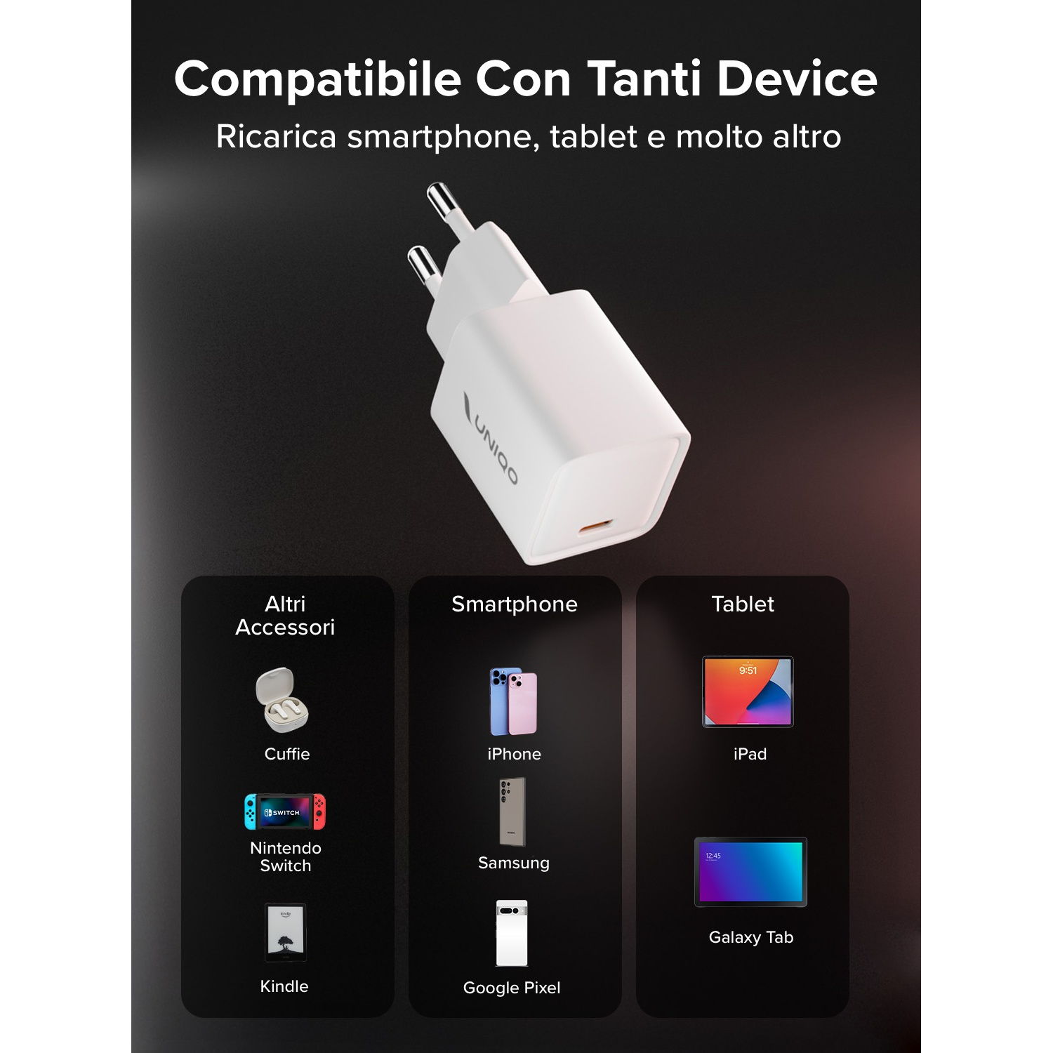 Adattatore di ricarica bianco con icone per cuffie, Nintendo Switch, Kindle, smartphone e tablet.
