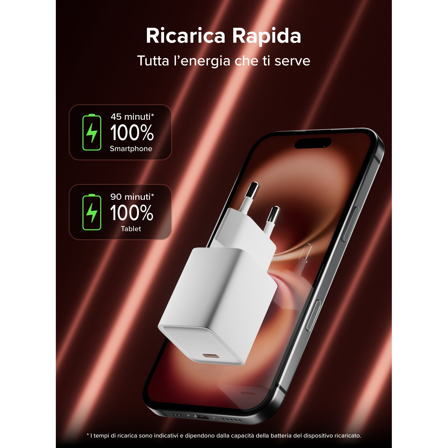Ricarica rapida: 45 min per 100% smartphone, 90 min per 100% tablet.