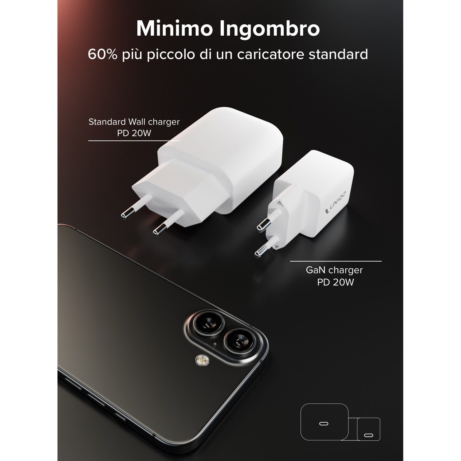 Uno smartphone e due caricatori bianchi uno accanto all'altro su sfondo nero.