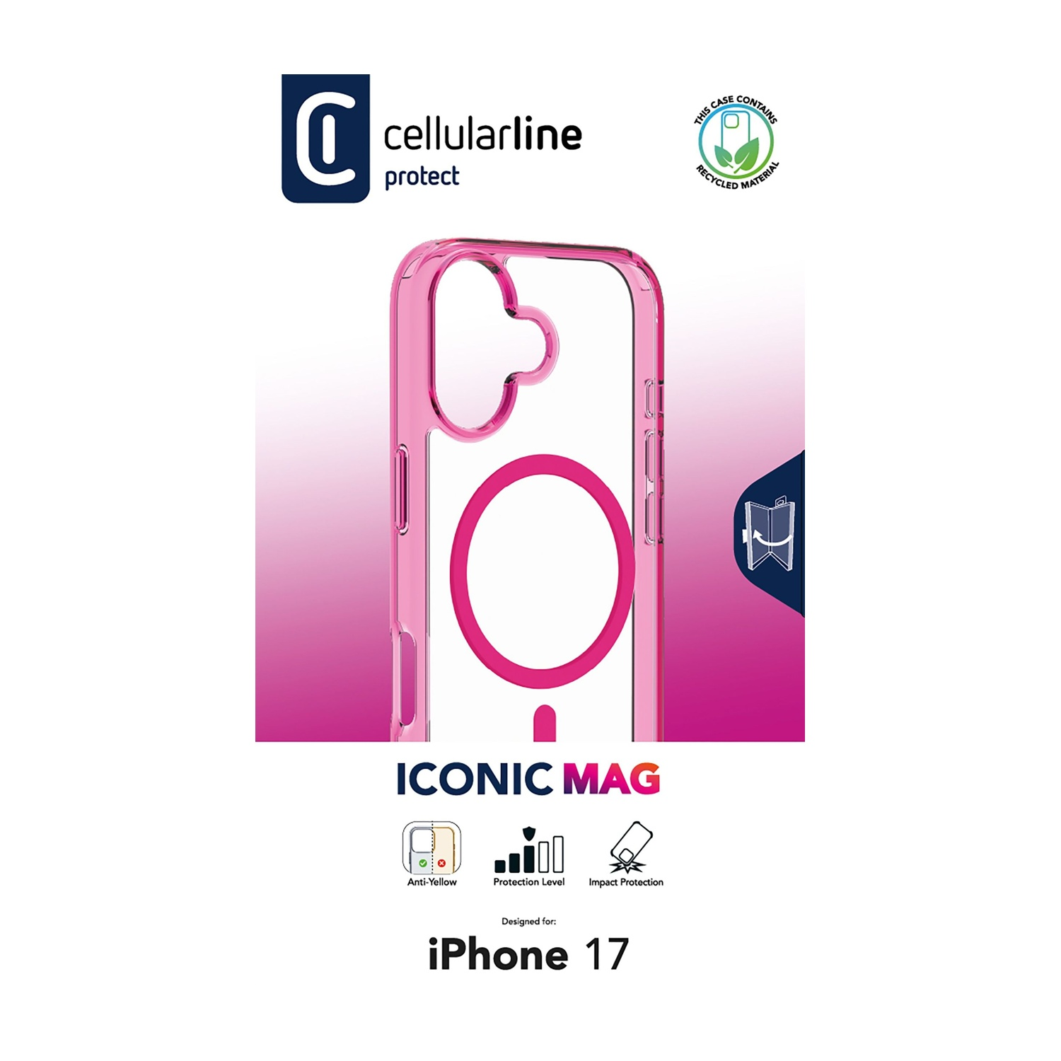 Custodia rosa trasparente per iPhone 17 di Cellularline con anello magnetico.