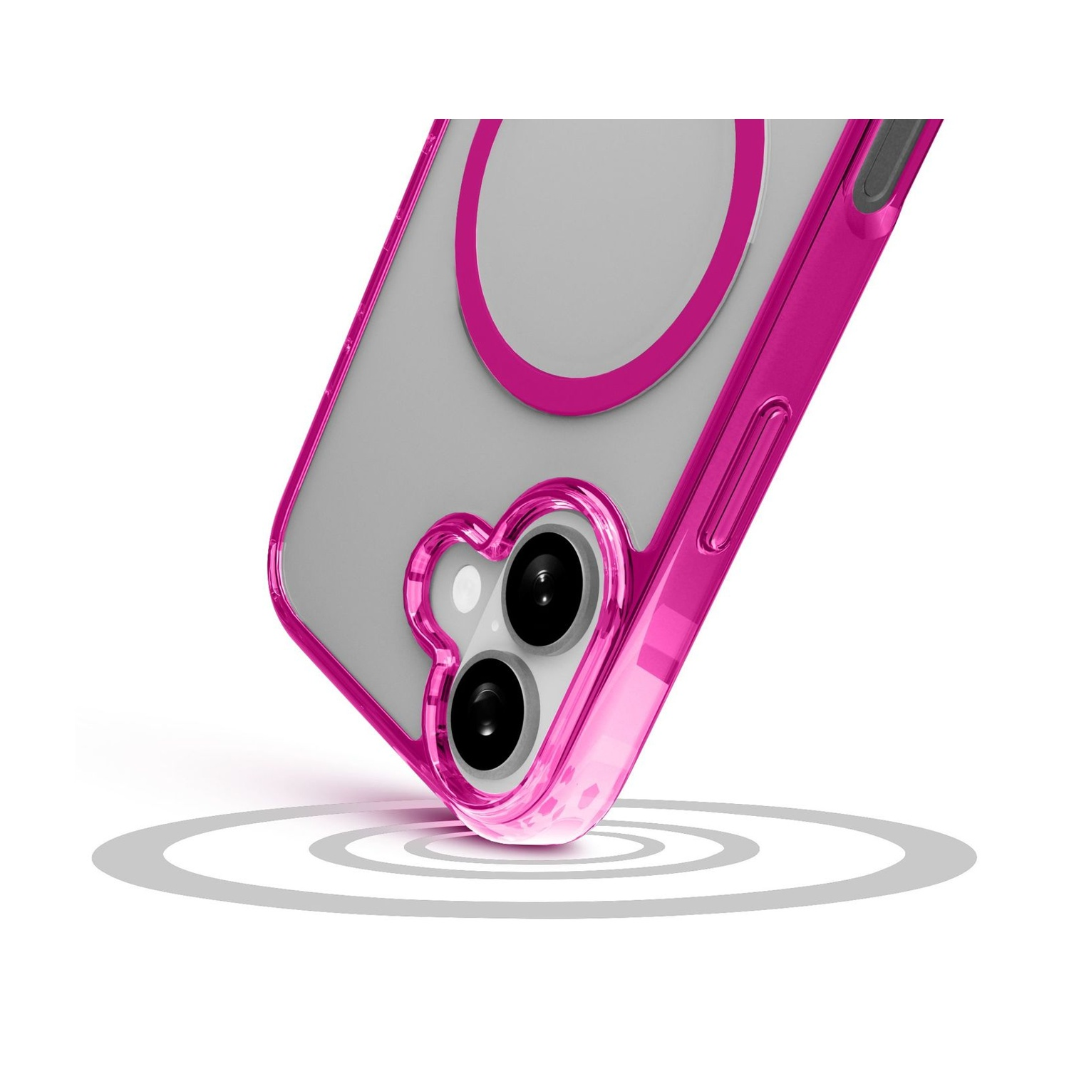 Una cornice rosa per cover del telefono con cerchio e due lenti.
