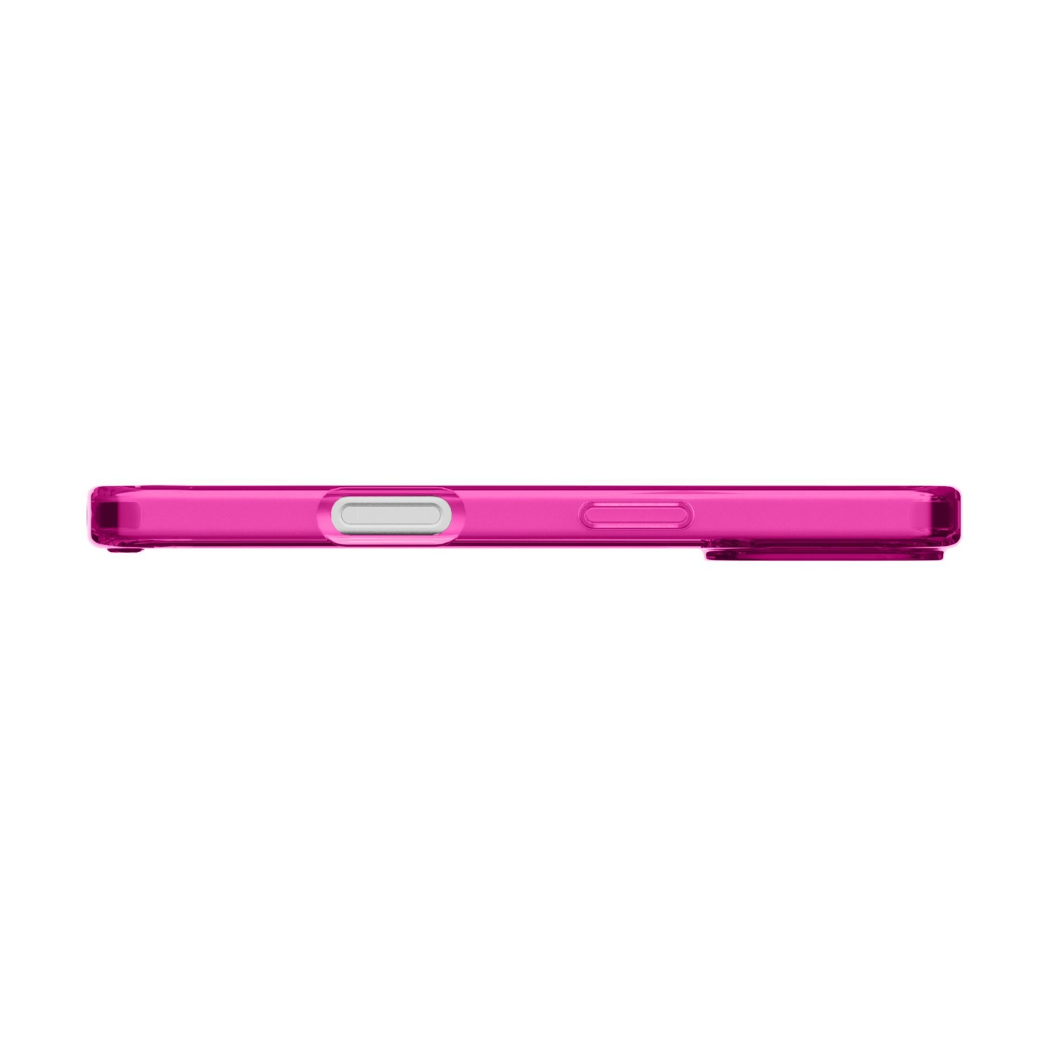 Una cover rosa trasparente per telefono con pulsanti e ritaglio lente.