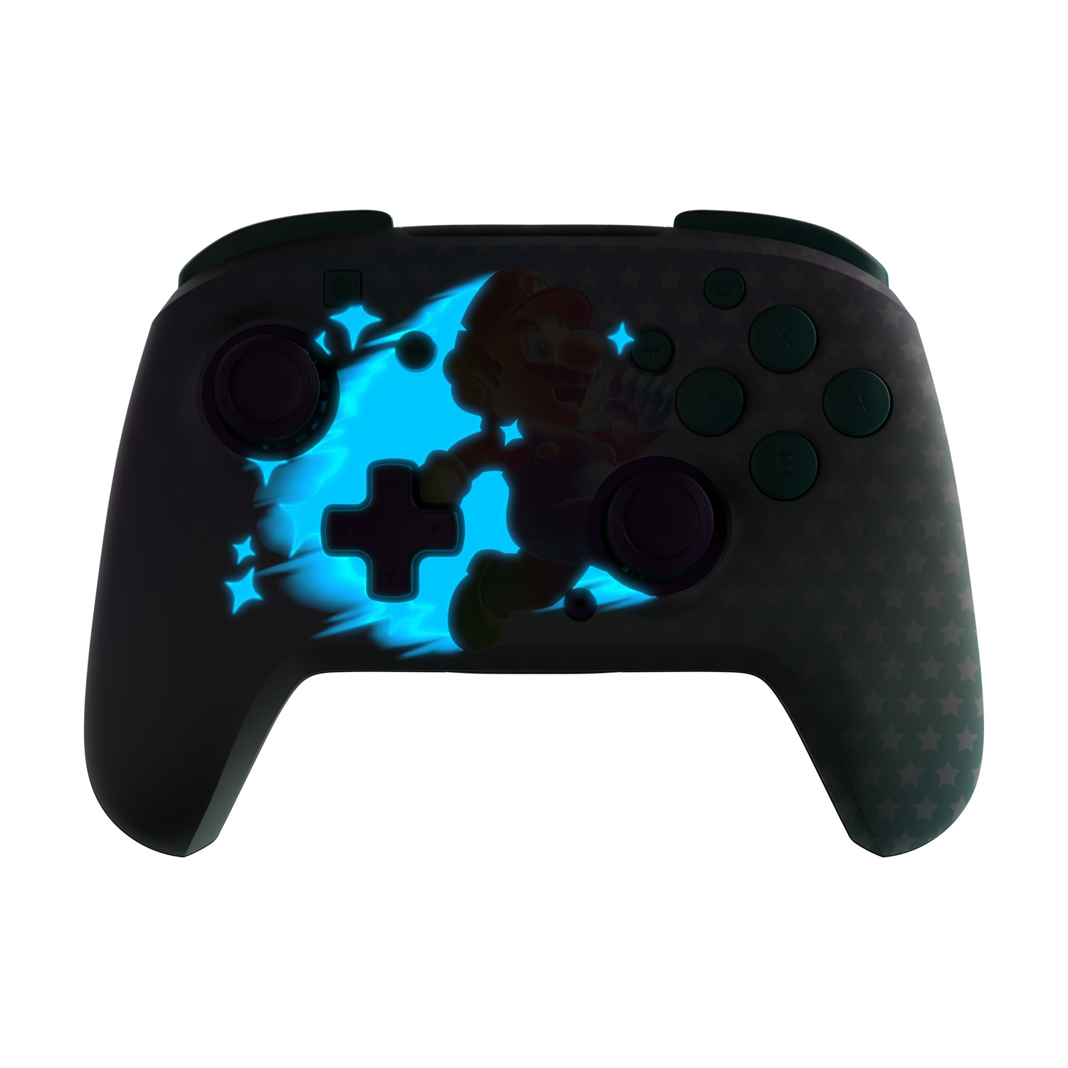 Ein dunkler Controller mit Mario-Motiv und leuchtend blauen Effekten.