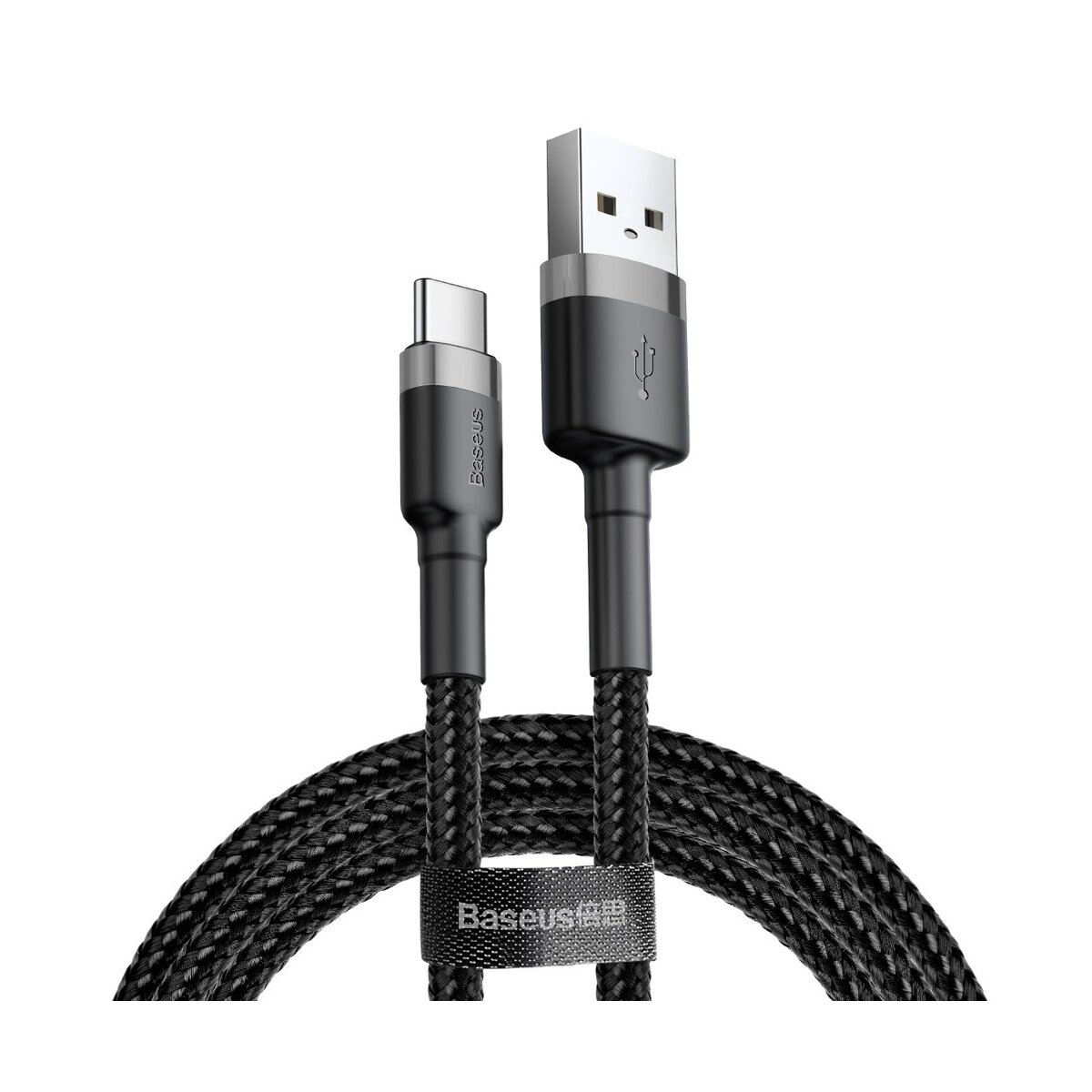 Un cavo USB-C a USB-A nero con tessuto intrecciato.