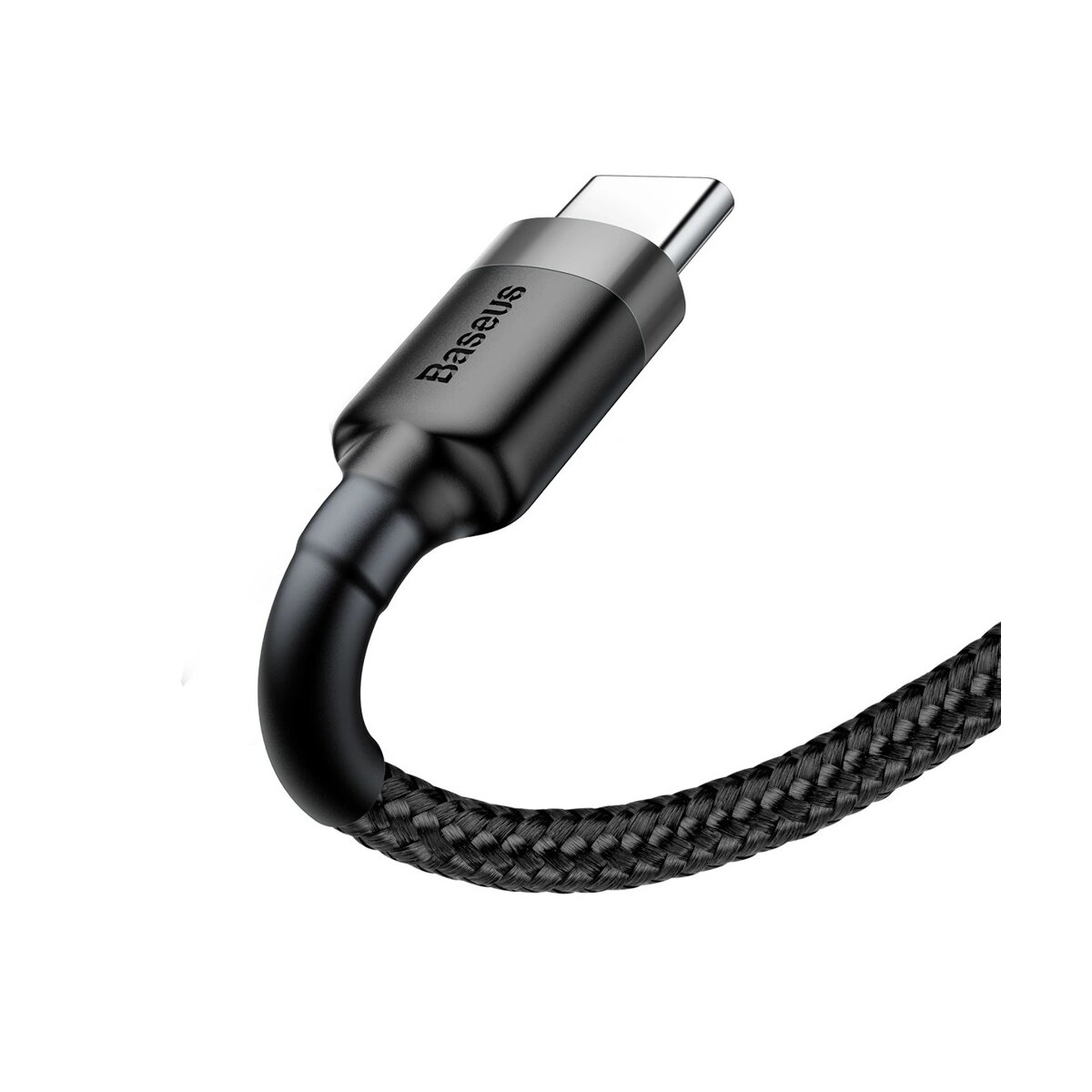 Cavo USB-C nero con design intrecciato e connettore argentato.