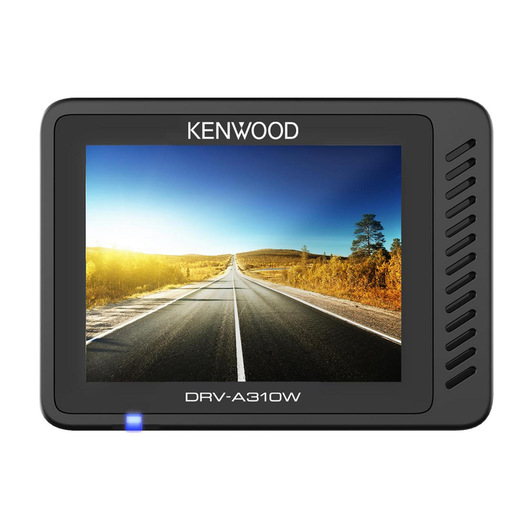 Ein schwarzes Kenwood DRV-A310W Gerät zeigt eine Straße in der Landschaft bei Sonnenuntergang.