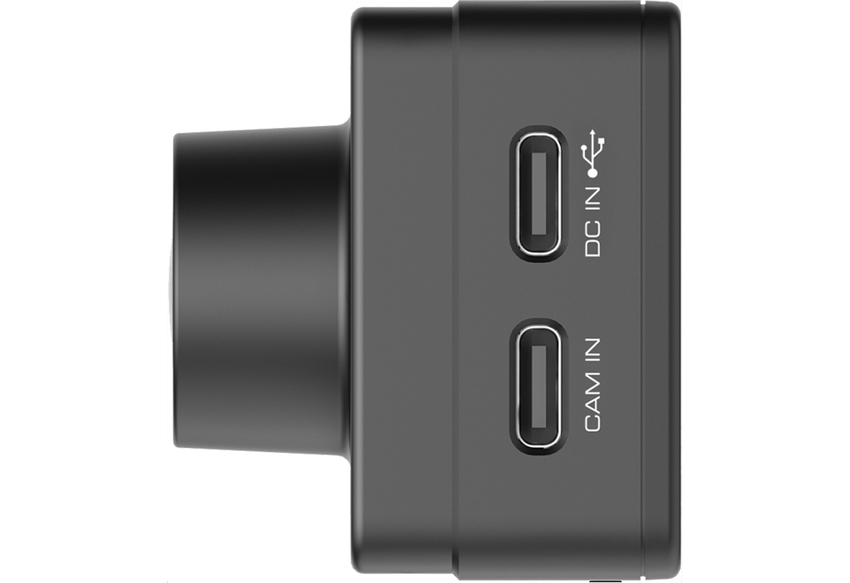 Graues Gehäuse einer Kamera mit USB-C-Anschlüssen: DC IN und CAM IN.
