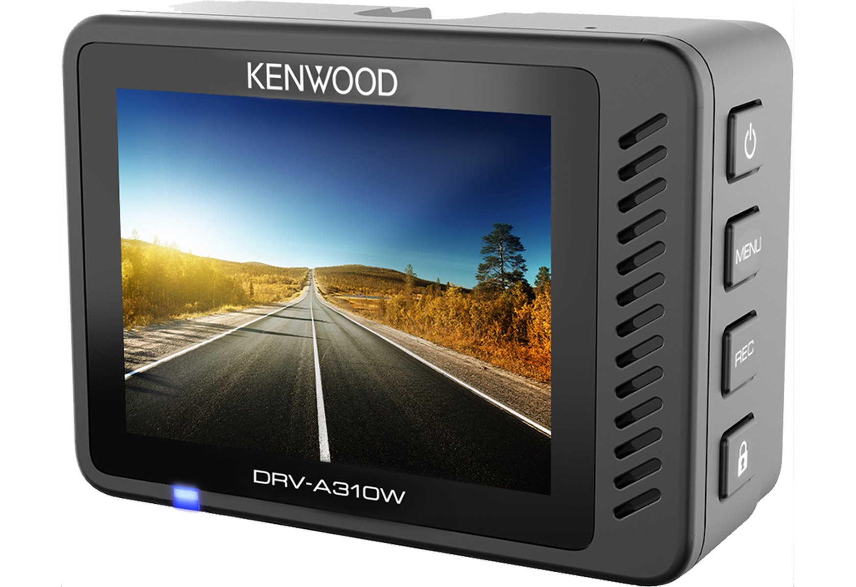 Kenwood DRV-A310W Dashcam zeigt Straßenszene. Ein-/Menü-/Aufnahmetasten an der Seite.