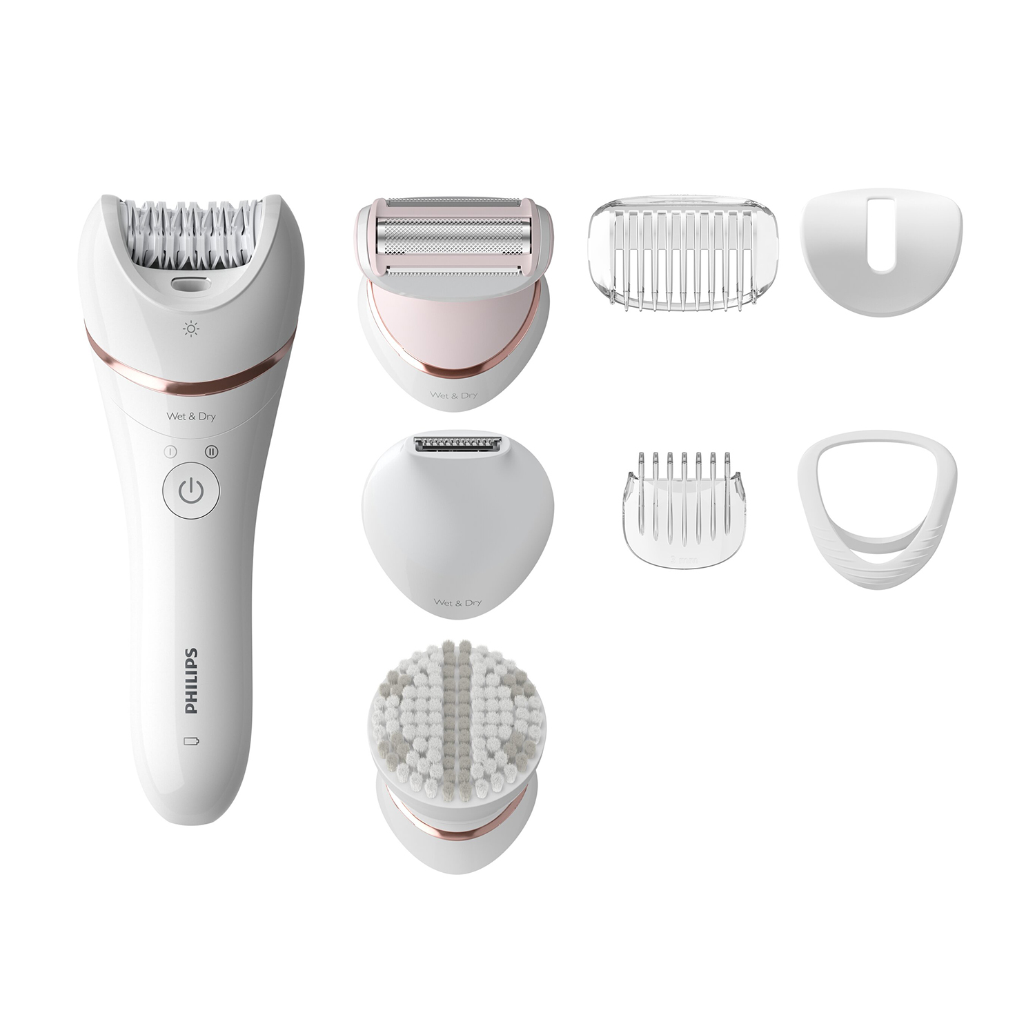 Biały depilator Philips z różnymi nasadkami, w tym głowicą golącą i szczotką.