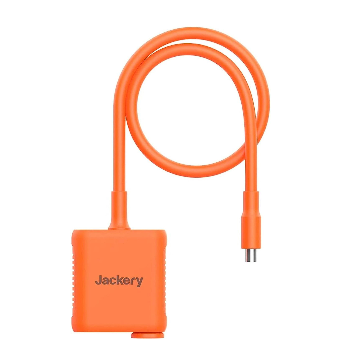 Oranje Jackery adapter met kabel op witte achtergrond.