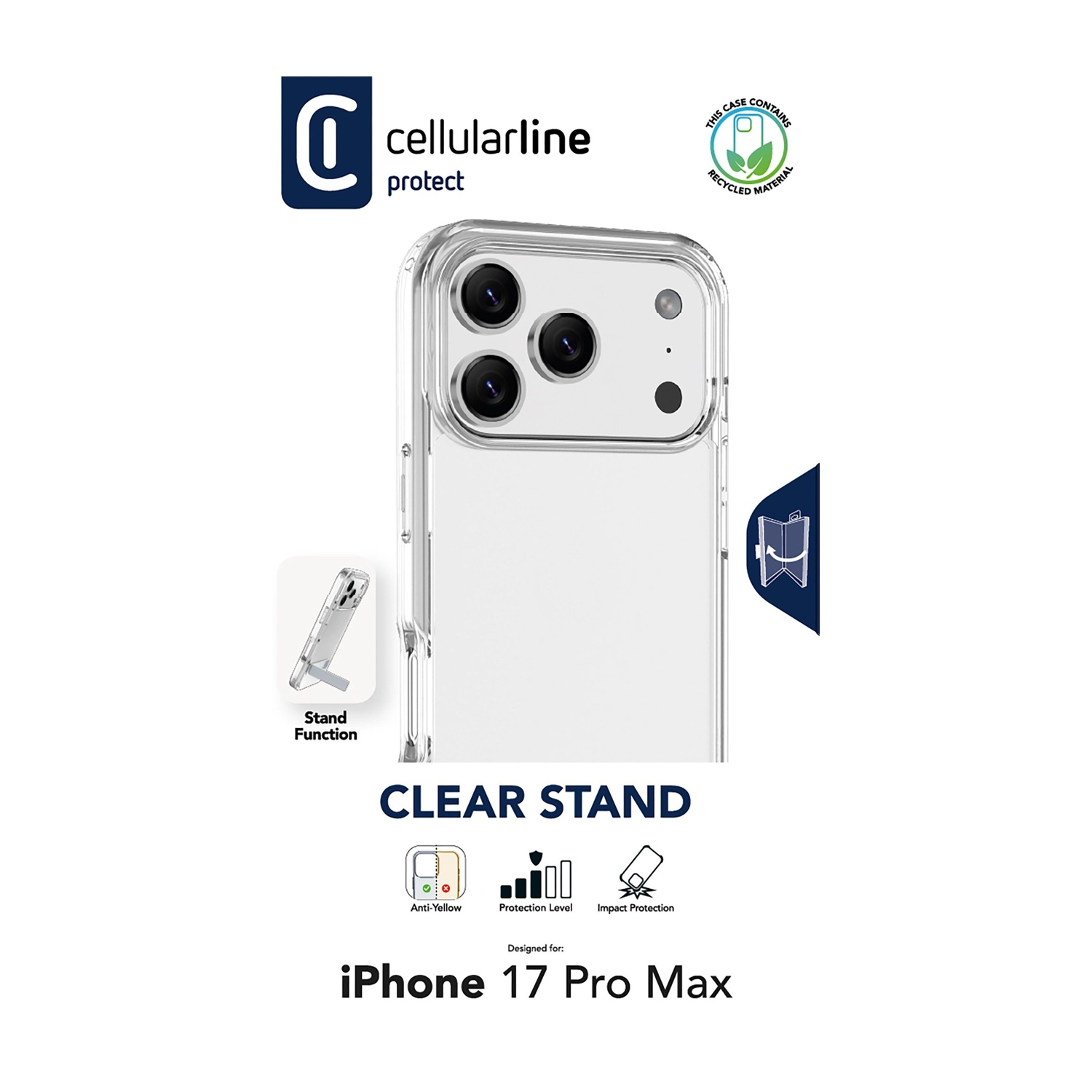 Coque de téléphone transparente pour iPhone 17 Pro Max avec fonction support et icône recyclée.