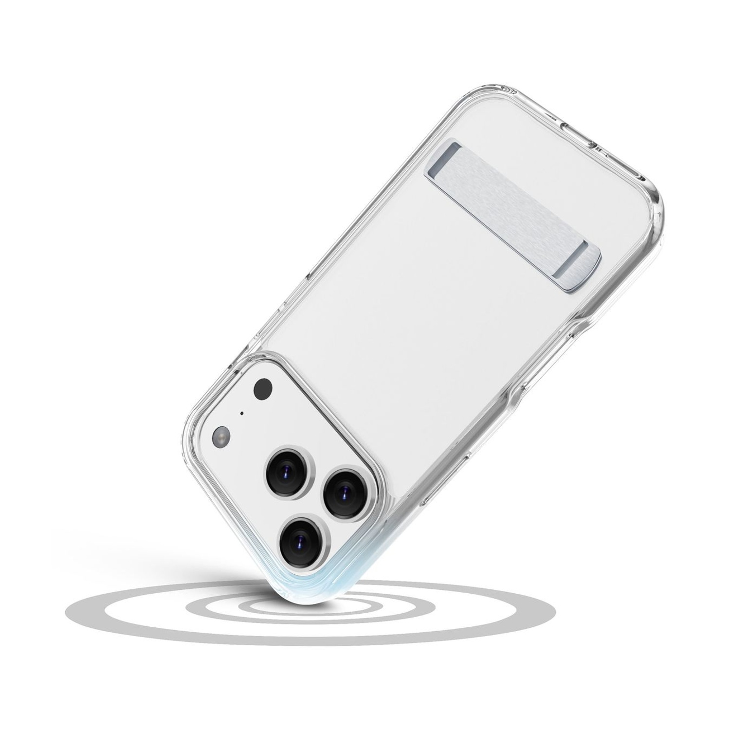 Coque de téléphone transparente avec support intégré et découpe caméra.