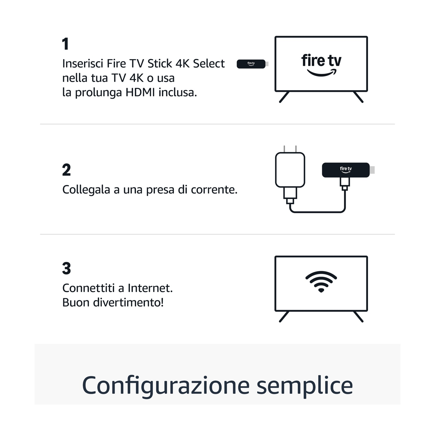 Schritt-für-Schritt-Anleitung für Fire TV Stick: Einstecken, Strom anschließen, mit Internet verbinden.