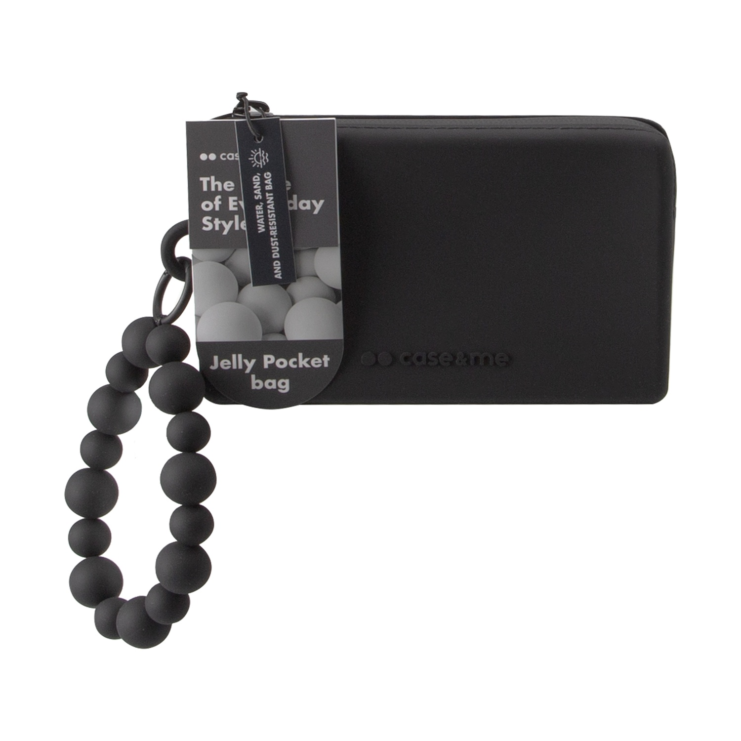 Un bolso negro tipo jelly con pulsera de cuentas y etiqueta. Resistente al agua, arena.