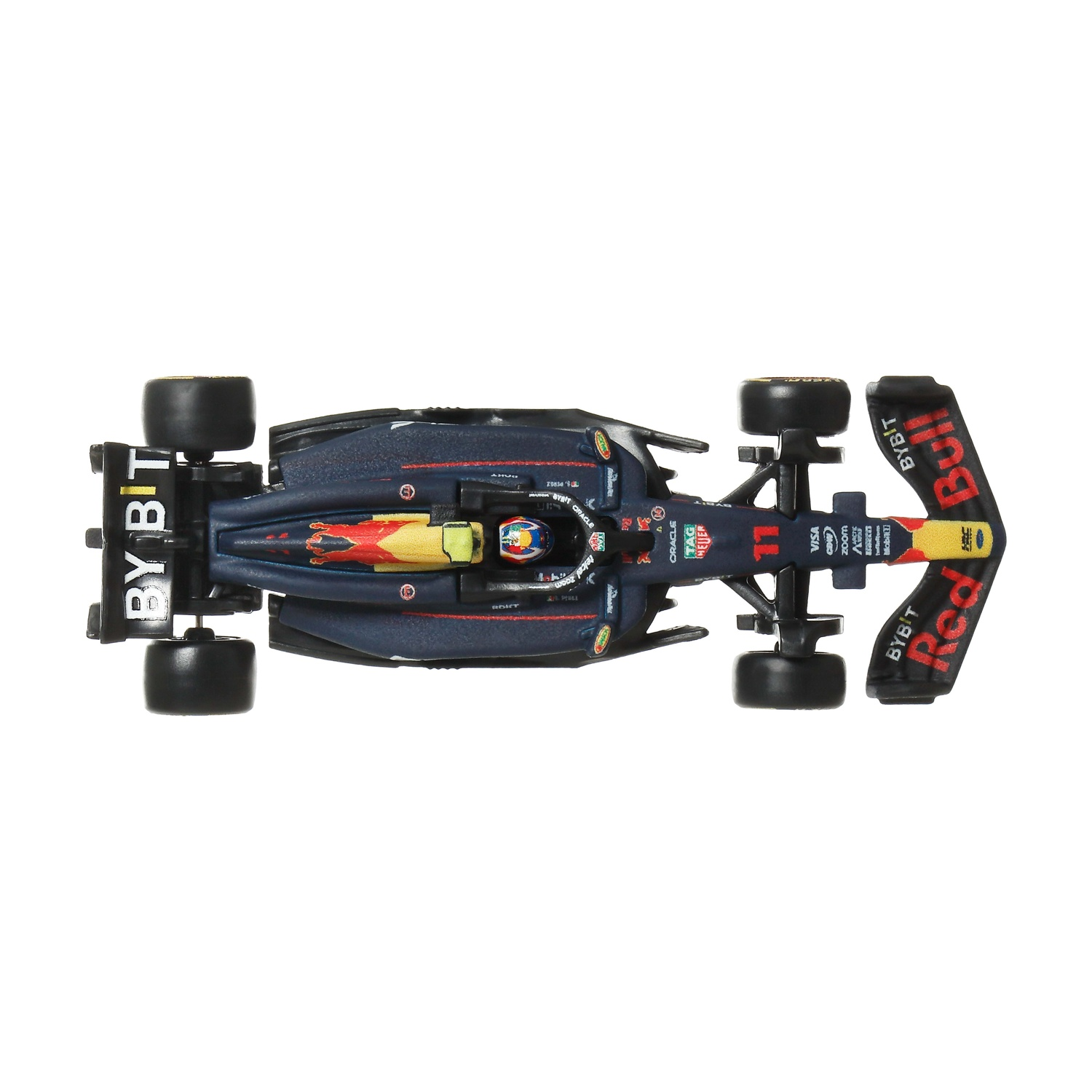 Une voiture de course bleue avec des accents rouges et jaunes sur fond blanc.