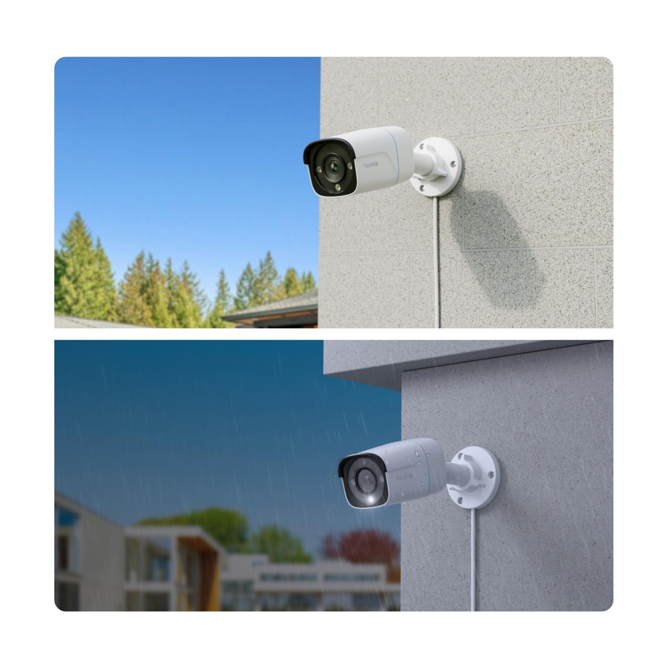 Biała kamera bezpieczeństwa na ścianie, powyżej w słońcu, poniżej w deszczu.