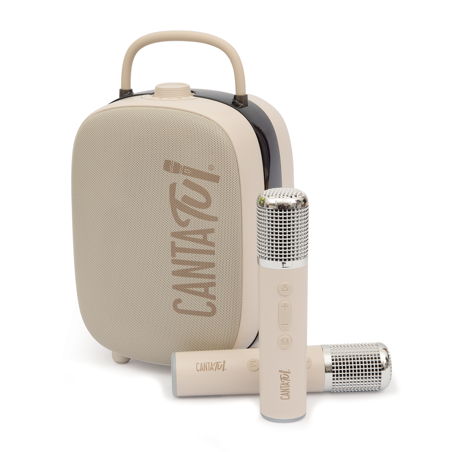 Un'unità altoparlante beige con due microfoni davanti su sfondo bianco.