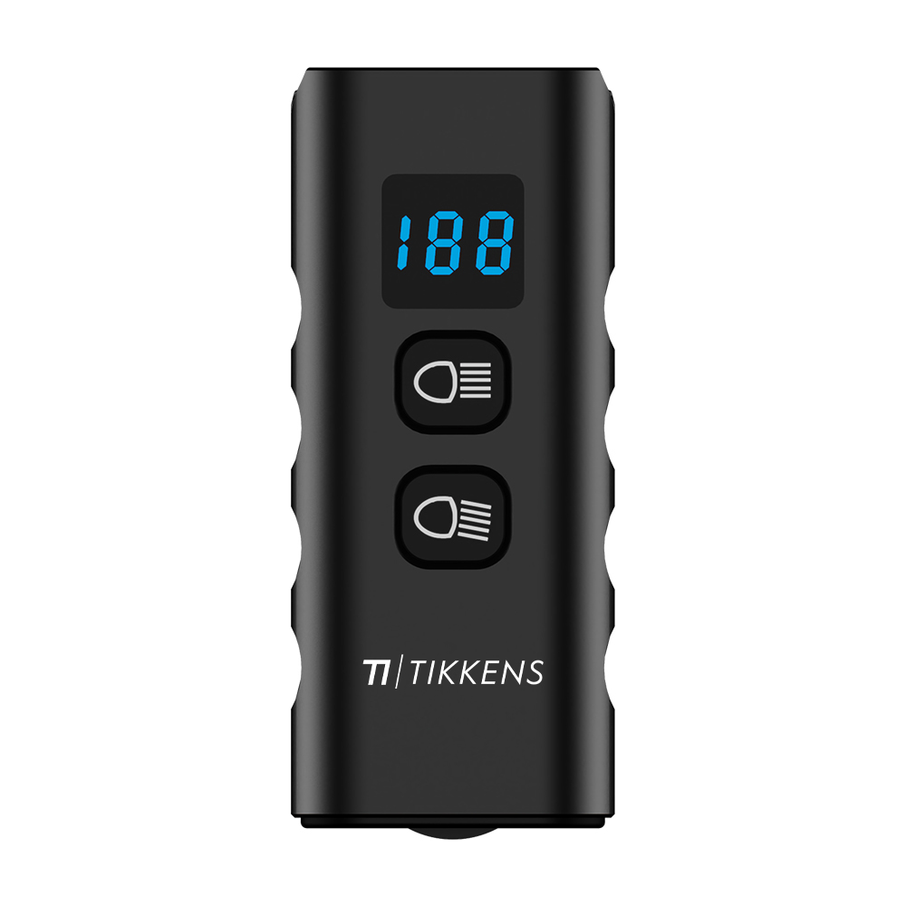 Black flashlight with a digital display showing '188' and two buttons.