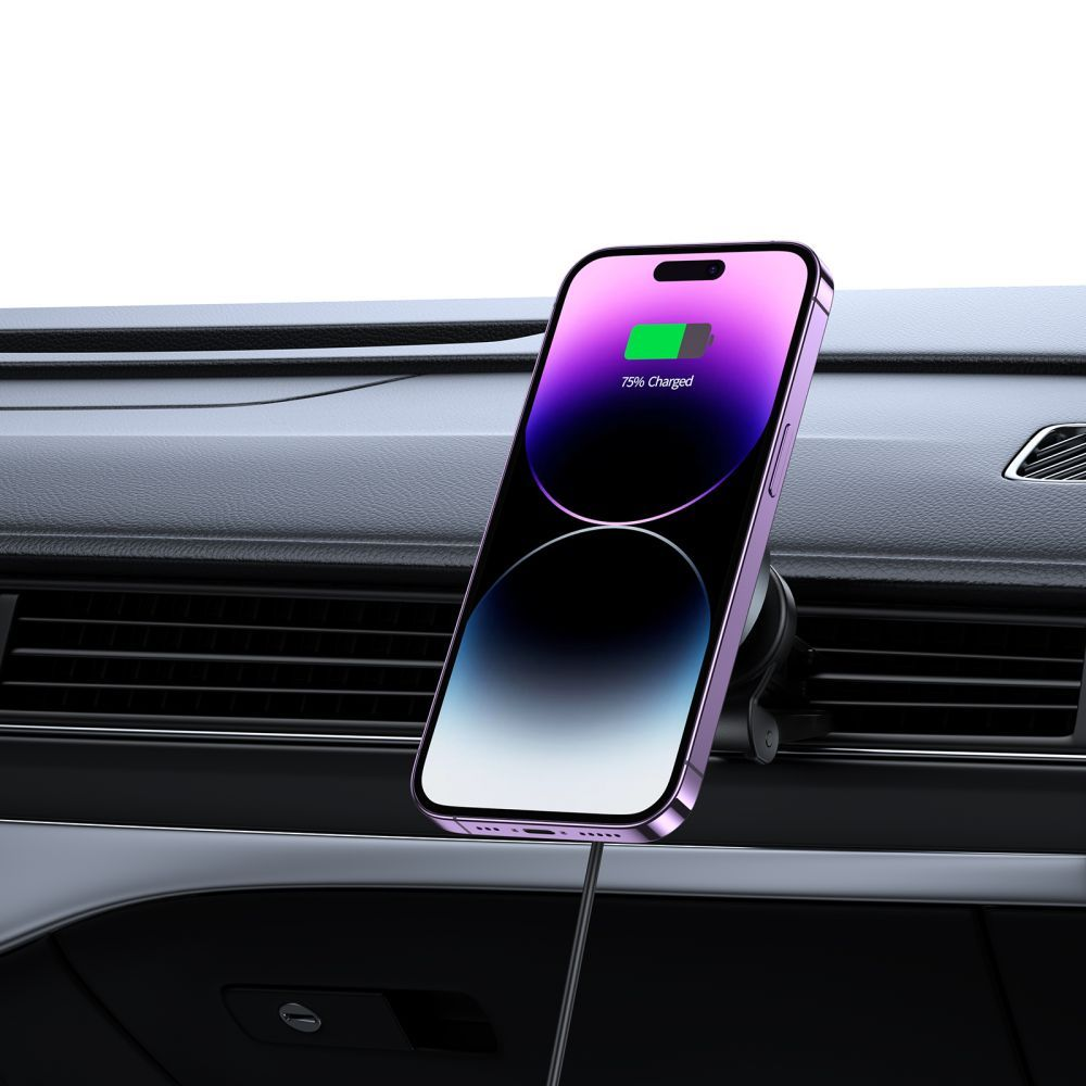Lila Smartphone mit 75% Ladung, montiert an einem Auto-Lüftungsschlitz.