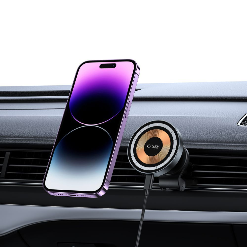 Ein lila iPhone ist auf einem Lüftungsschlitz-Handyhalter in einem Auto befestigt.