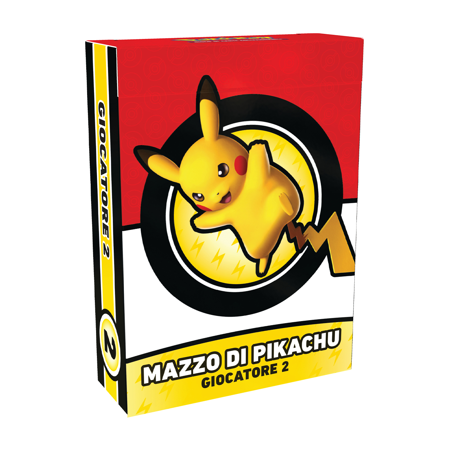 Una scatola gioco Pikachu con sfondo rosso e fulmini gialli.