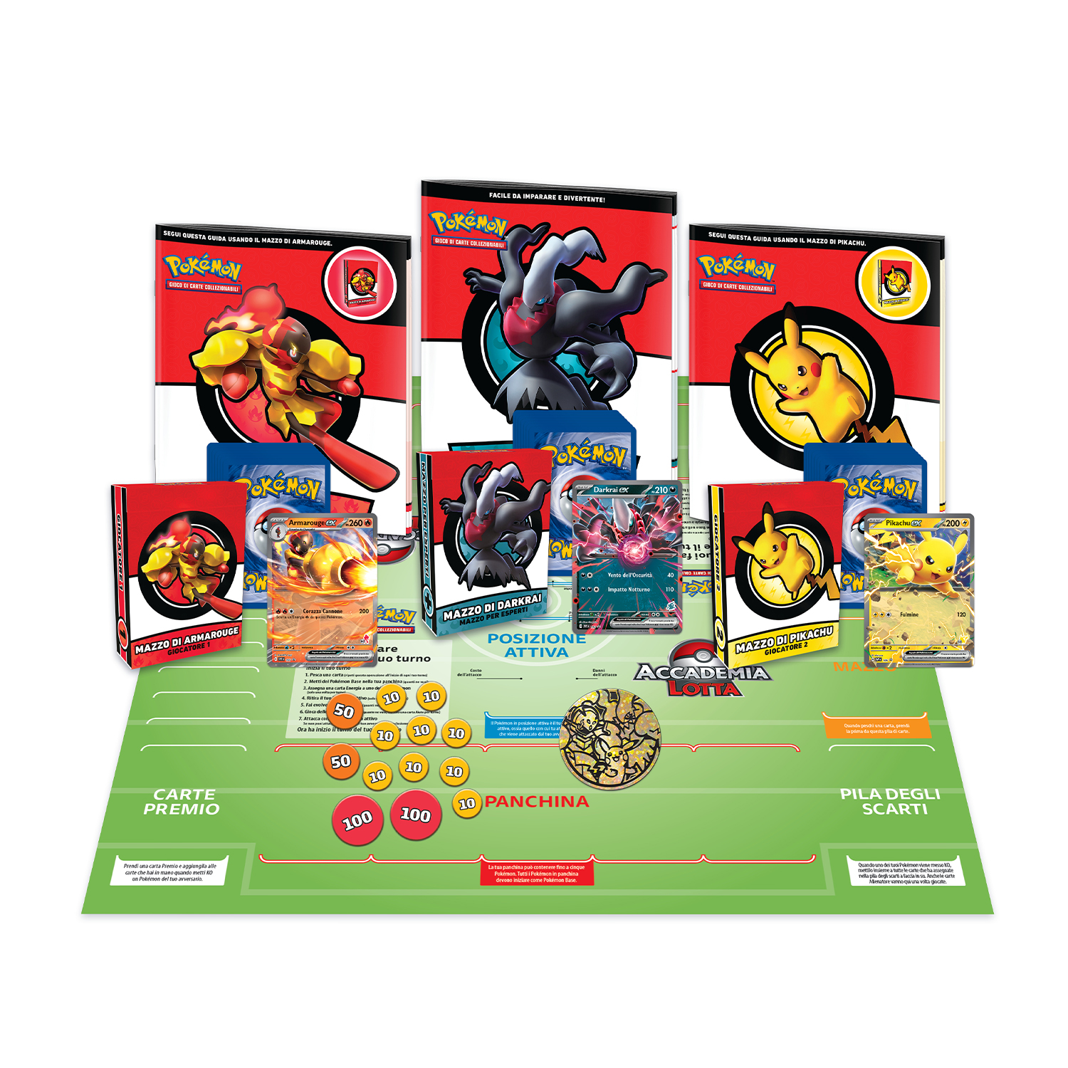 Set di carte Pokémon con Armarouge, Darkrai e Pikachu su tappetini da gioco.