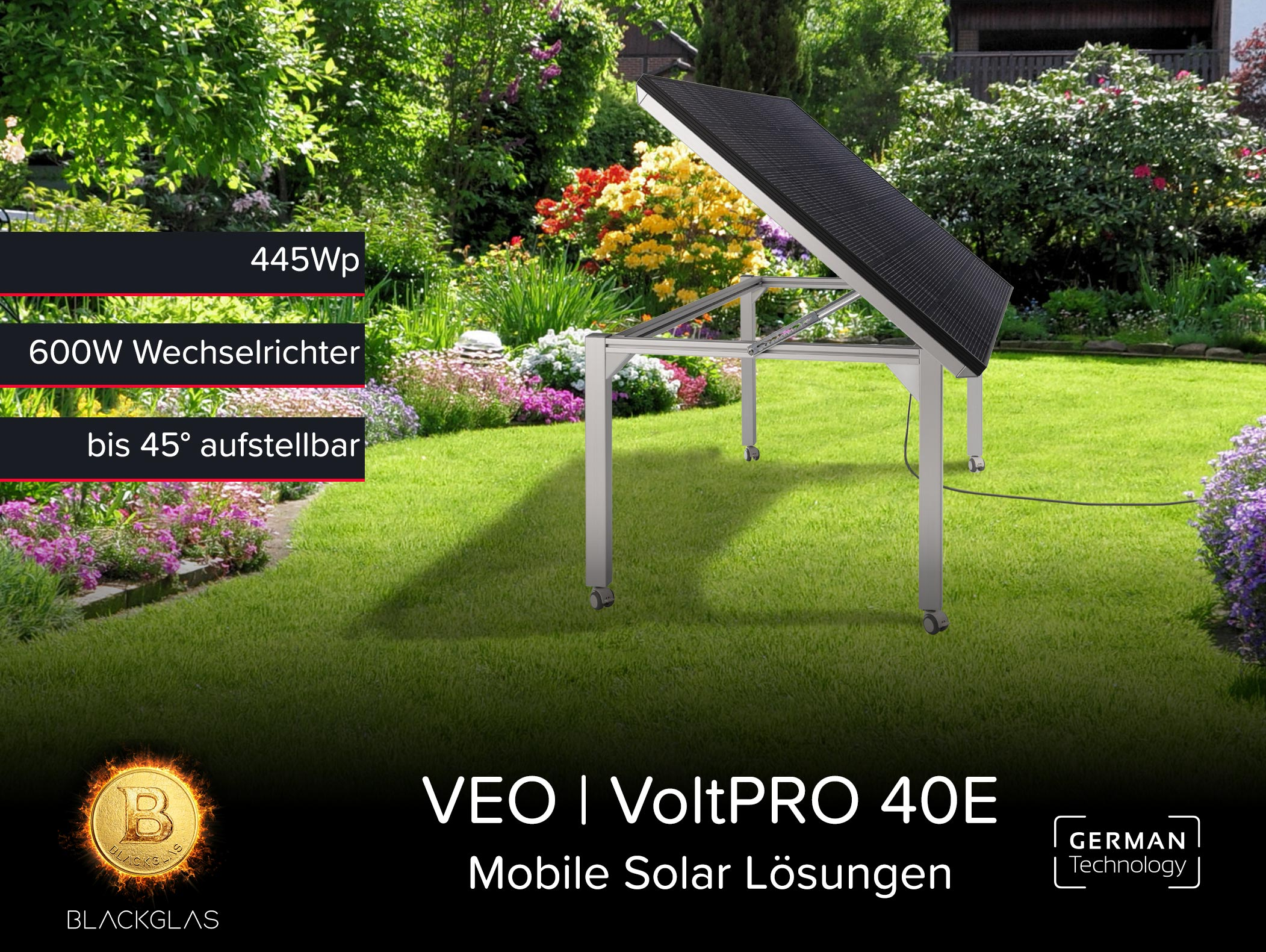 Solaranlage im Garten, 445Wp, 600W Wechselrichter, bis 45° aufstellbar.