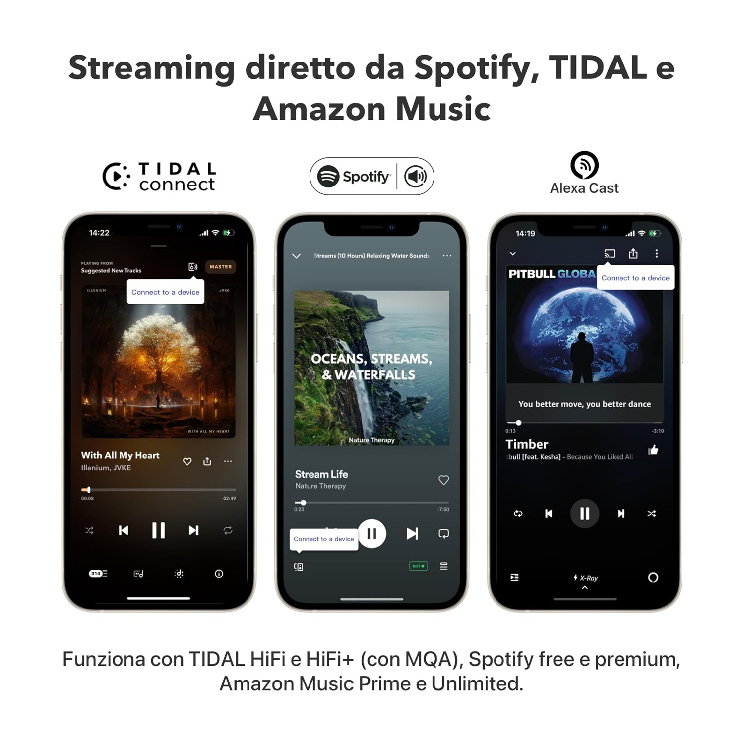 Üç telefon müzik uygulaması gösteriyor: Tidal, Spotify ve Alexa Cast.